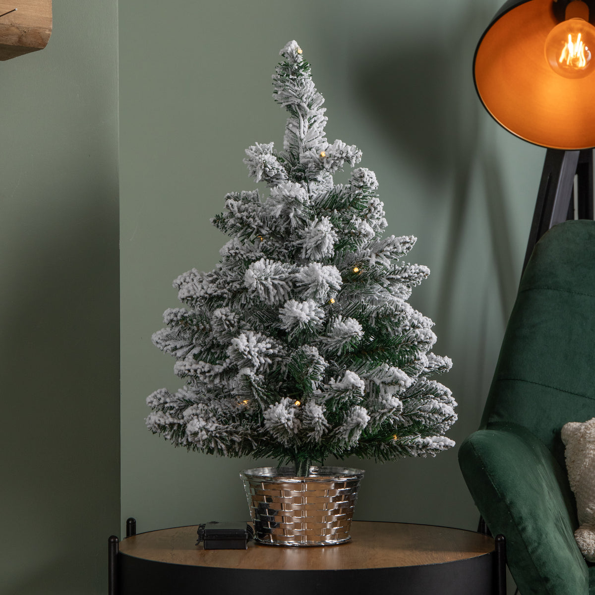 2ft (60cm) Pre Lit Battery LED Snow Flocked Miniature Christmas Tree with Timer