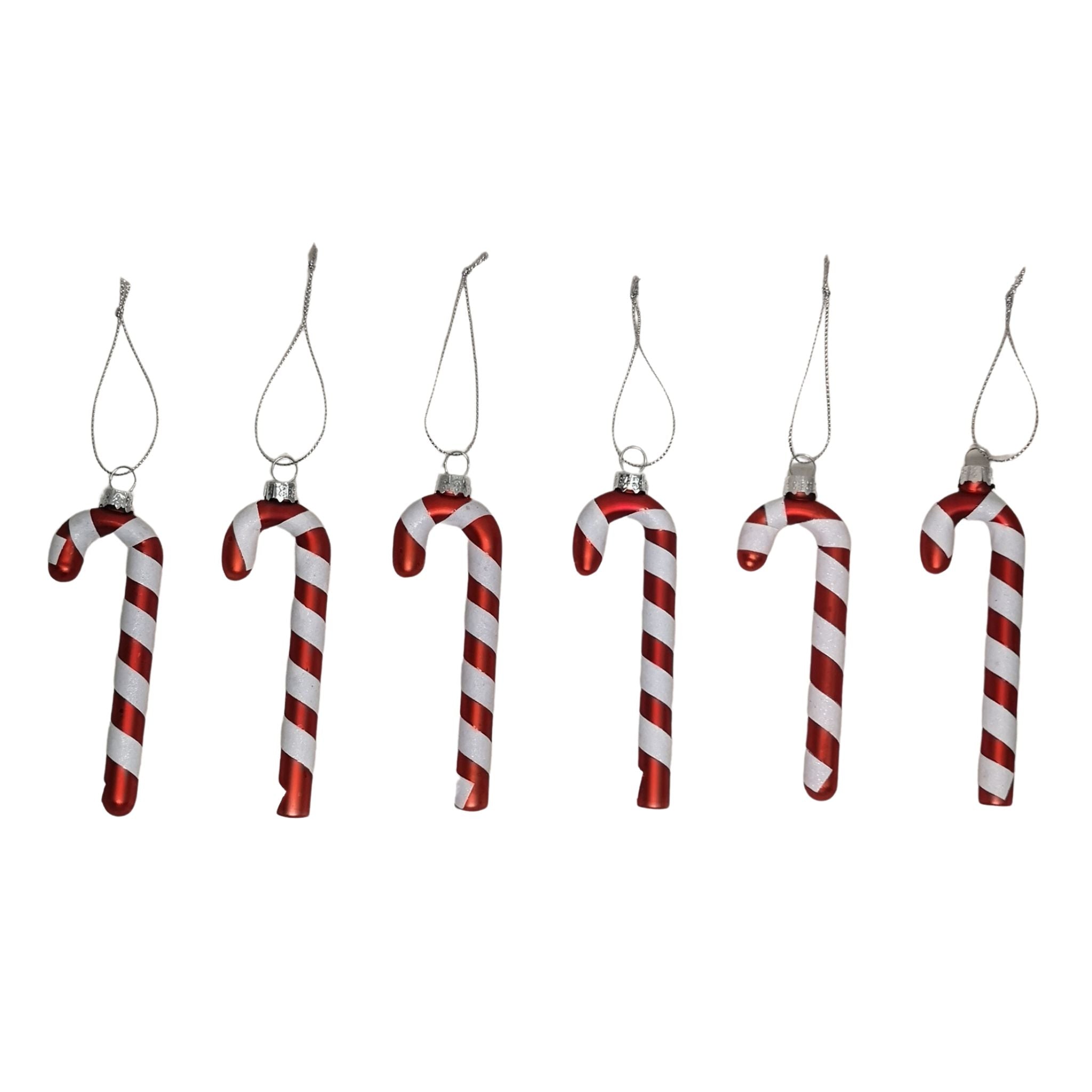 Set of 6 12cm Glass Red and White Stripe Candy Cane Christmas Tree Decorations