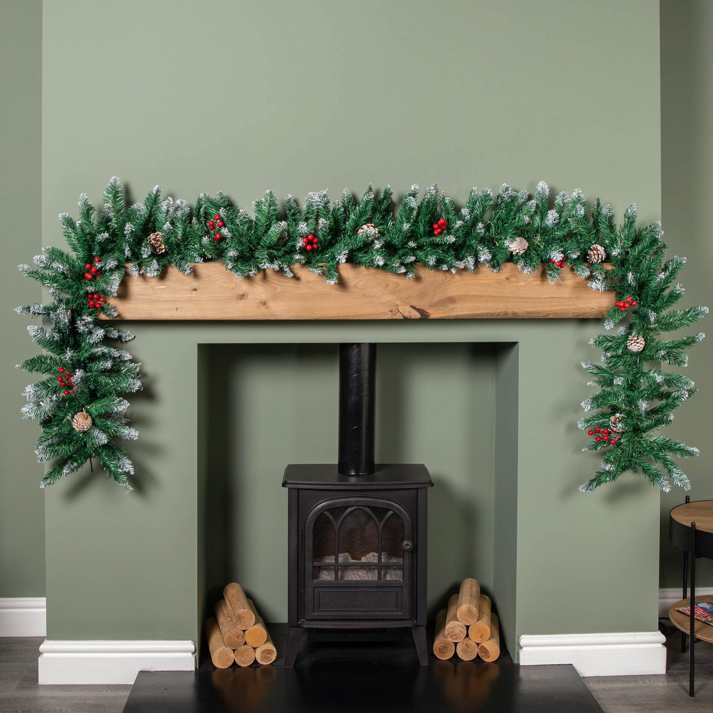 2.7m Snow Tipped Christmas Garland with Red Berries, Cones & Bullet Tips