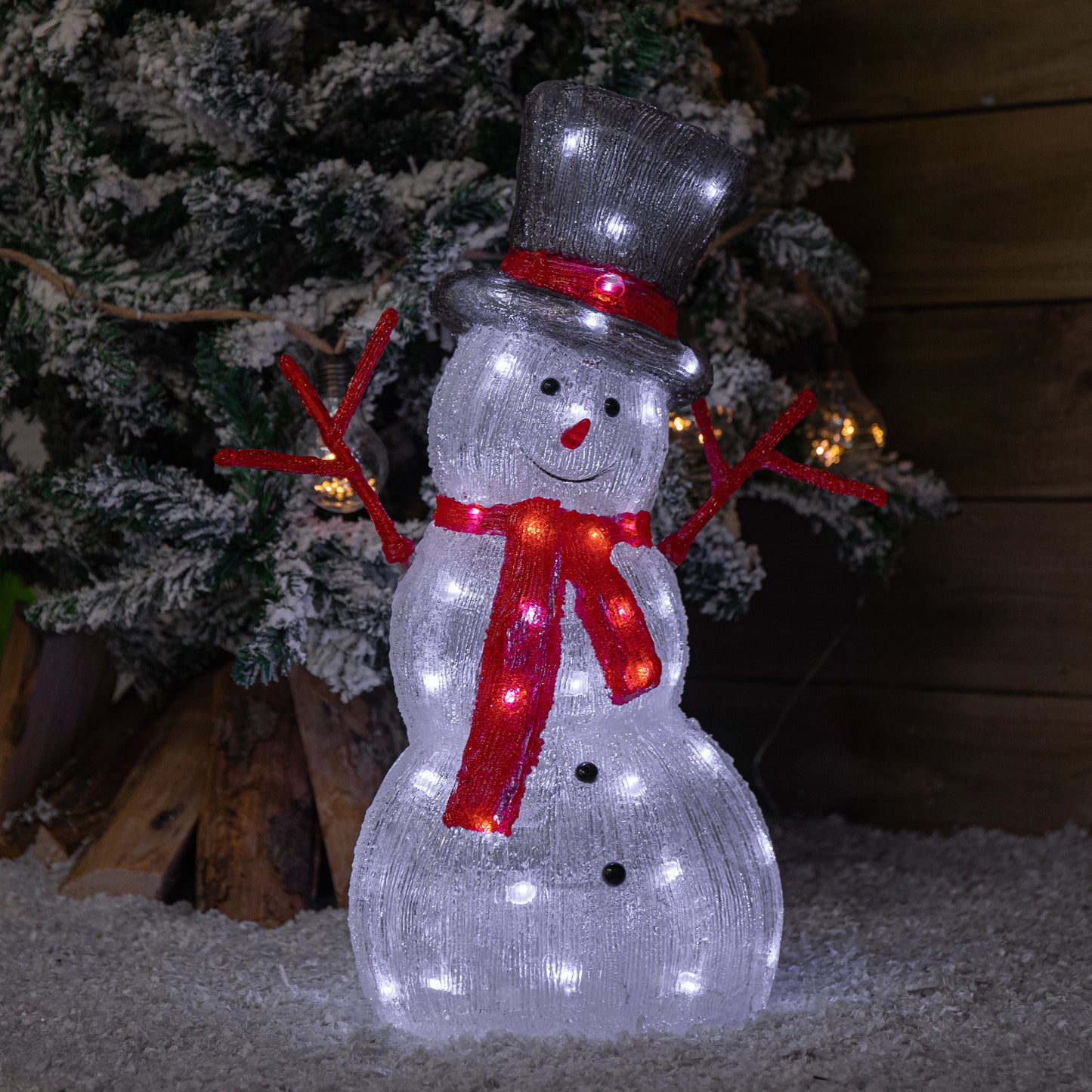 55cm Light up Acrylic Christmas Snowman with Top Hat & Scarf with White LEDs