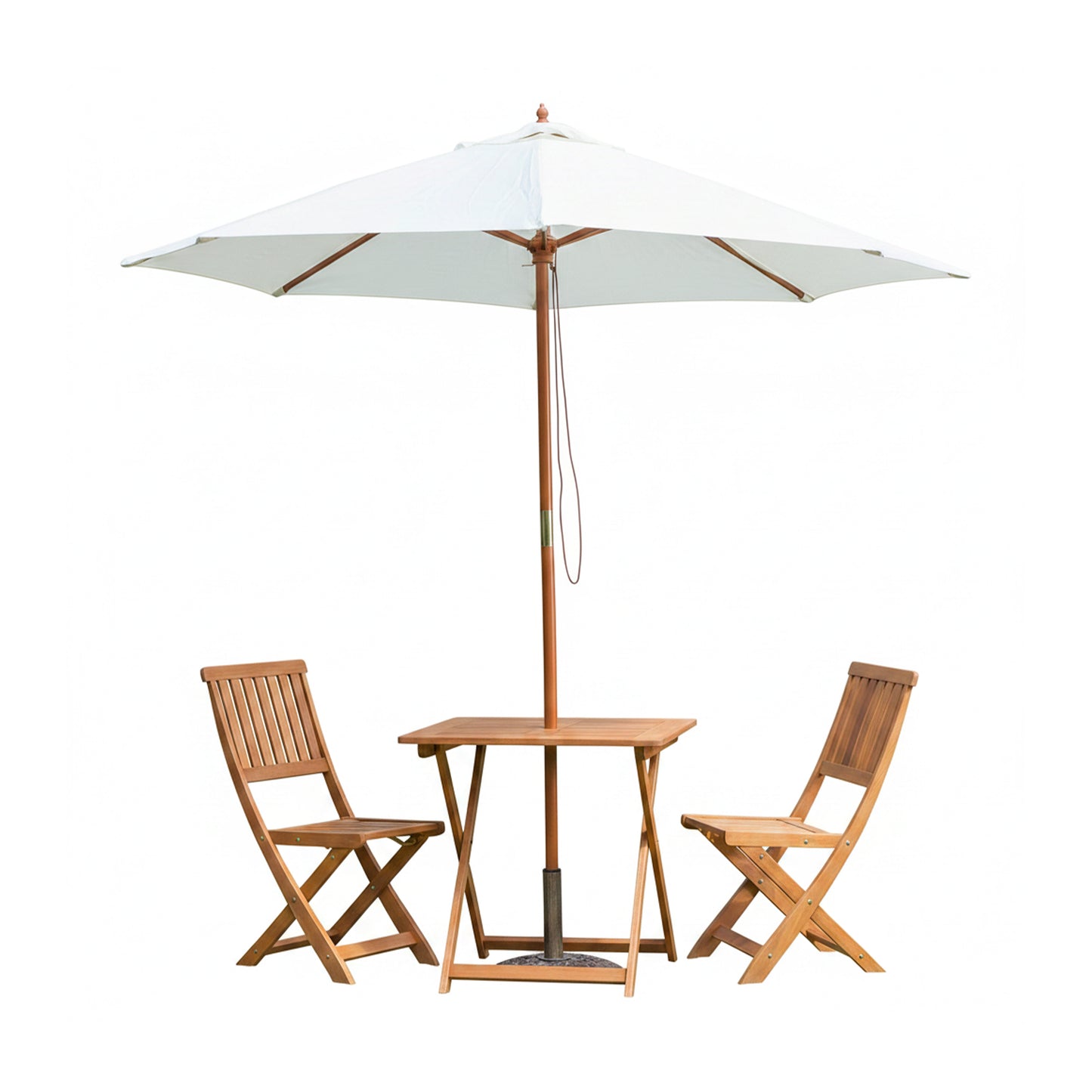 Outdoor 2 Person Folding Wooden Garden Dining Table Chairs Cream Parasol and Base Set