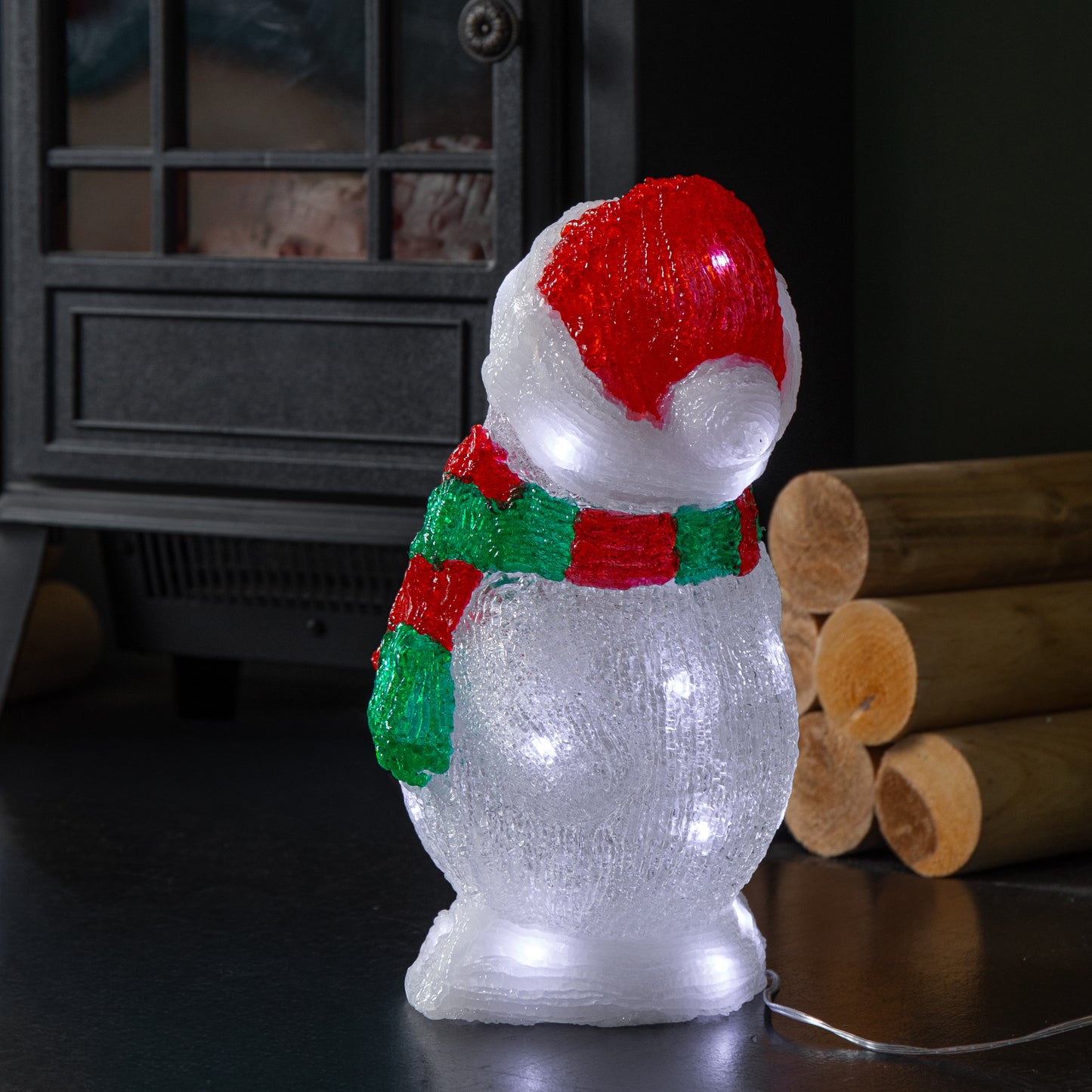 30cm Light up Acrylic Christmas Snowman in Red and Green Scarf with White LEDs