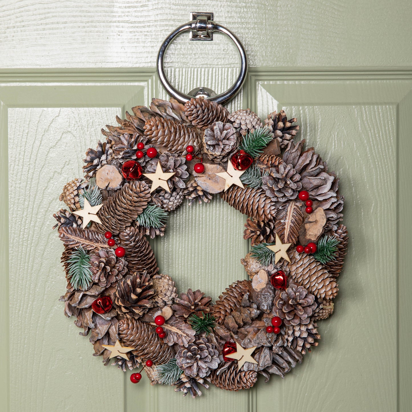 36cm Frosted Hanging Christmas Wreath with Red Jingle Bells & Wooden Stars