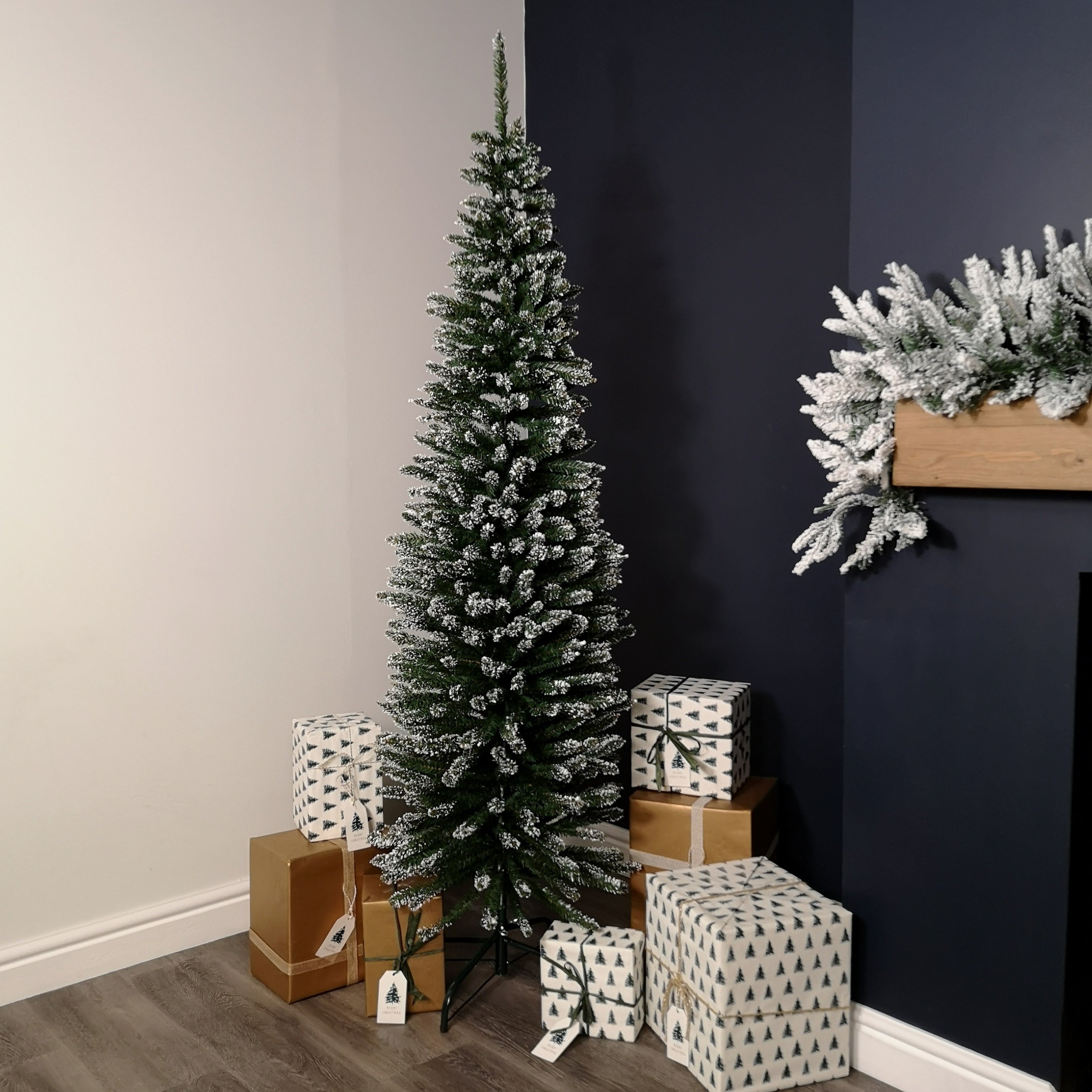 6.5ft (2m) Pencil Style Slim Snow Tipped Artificial Christmas Tree in Green