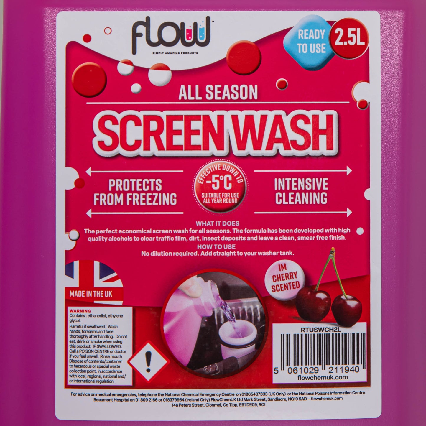 2.5L Cherry Scented Smear Free Windscreen Washer Fluid For All Vehicles