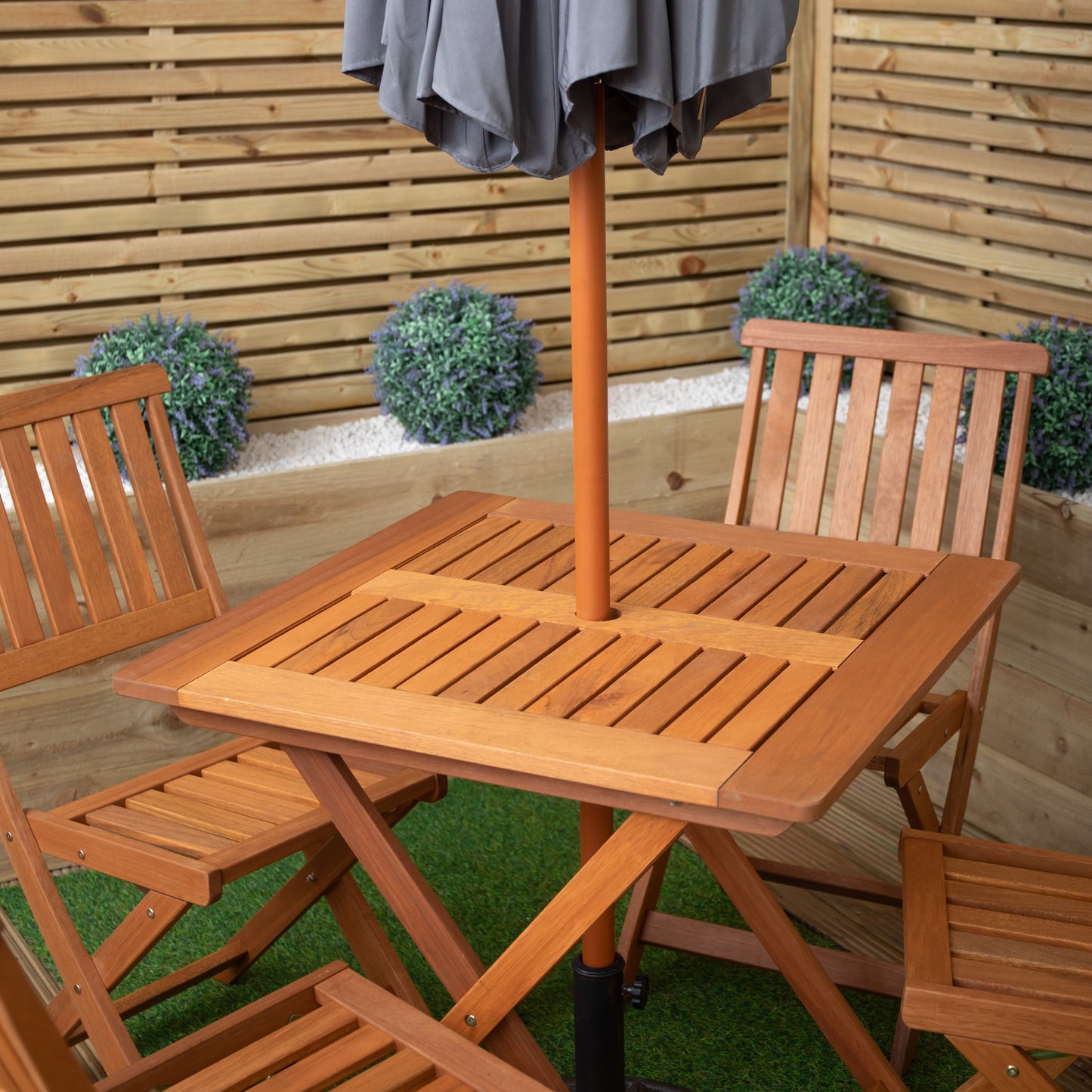 Outdoor 4 Person Folding Square Wooden Garden Dining Table Chairs Grey Parasol and Base Set