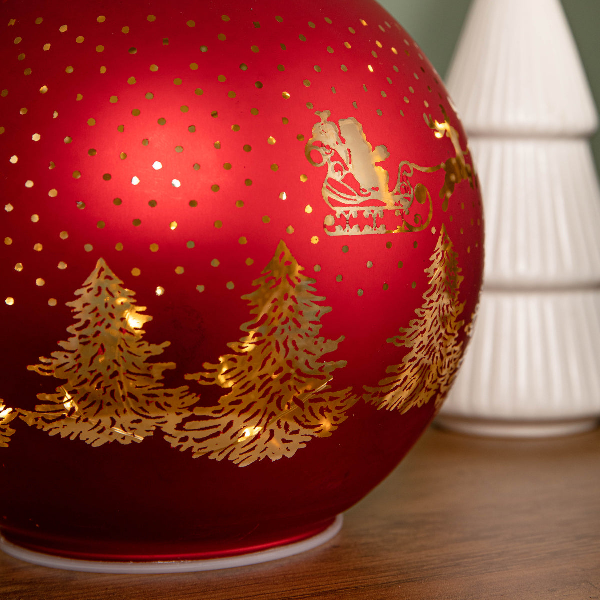 15cm Battery Operated Light up Santa Glass Ball in Red with Warm White LEDs
