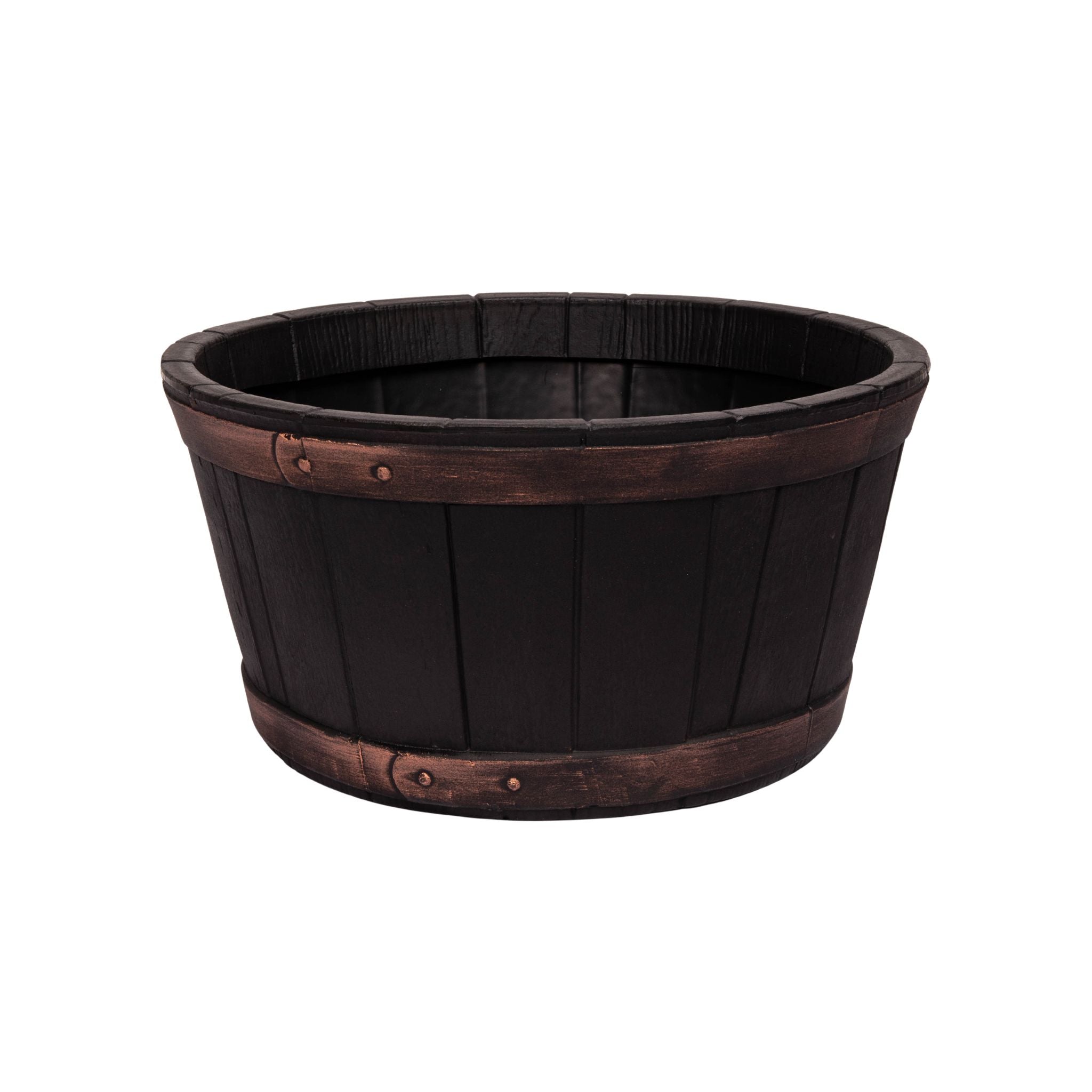 50cm Black Round Plastic Oak Wood Barrel Effect Decorative Garden Patio Planter