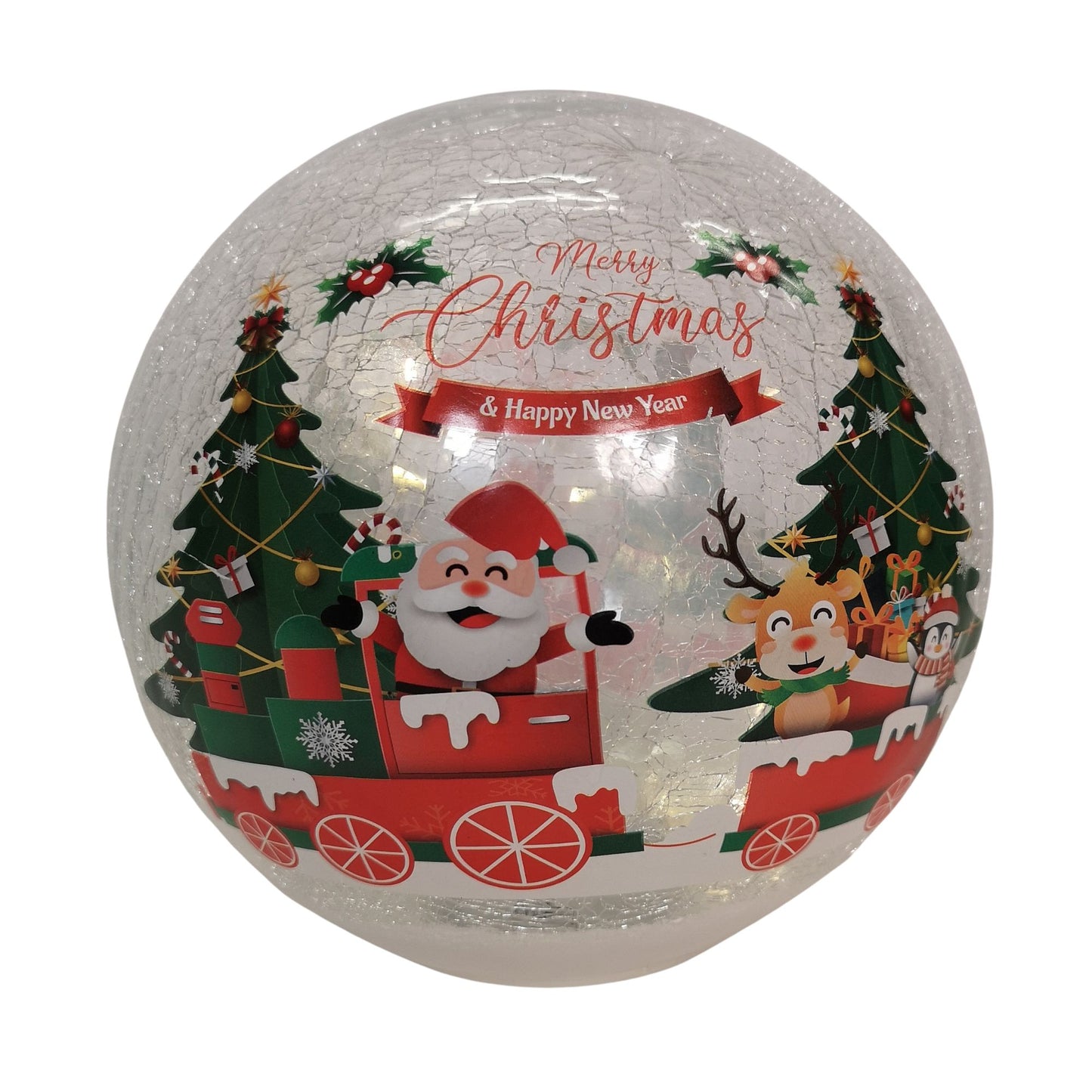 20cm Battery Operated Twinkling Warm White LED Crackle Effect Ball Christmas Decoration with Santa and Friends in Train