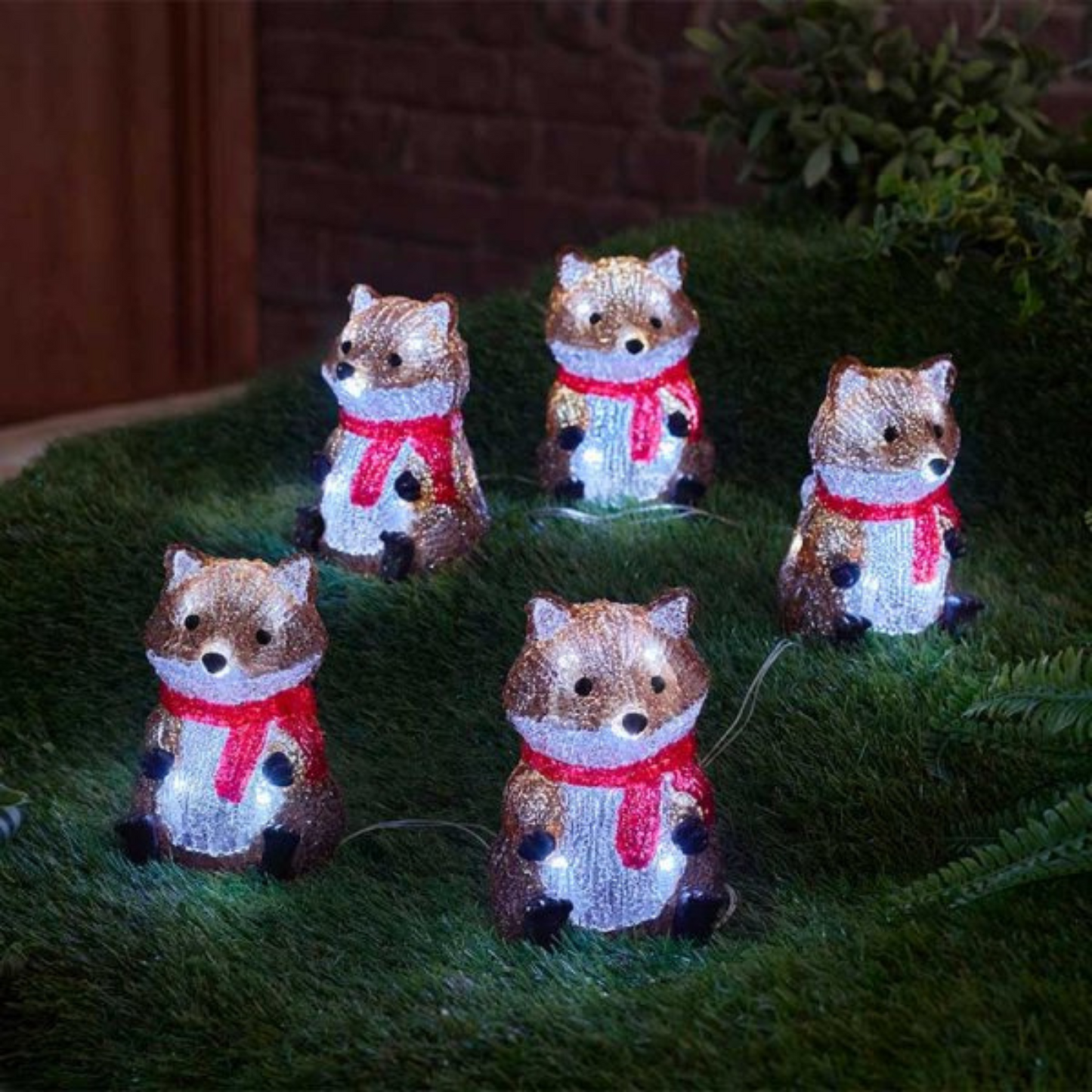 14cm Set of 5 Battery Operated Light up Christmas Fox Ornaments with 40 Cool White LEDs