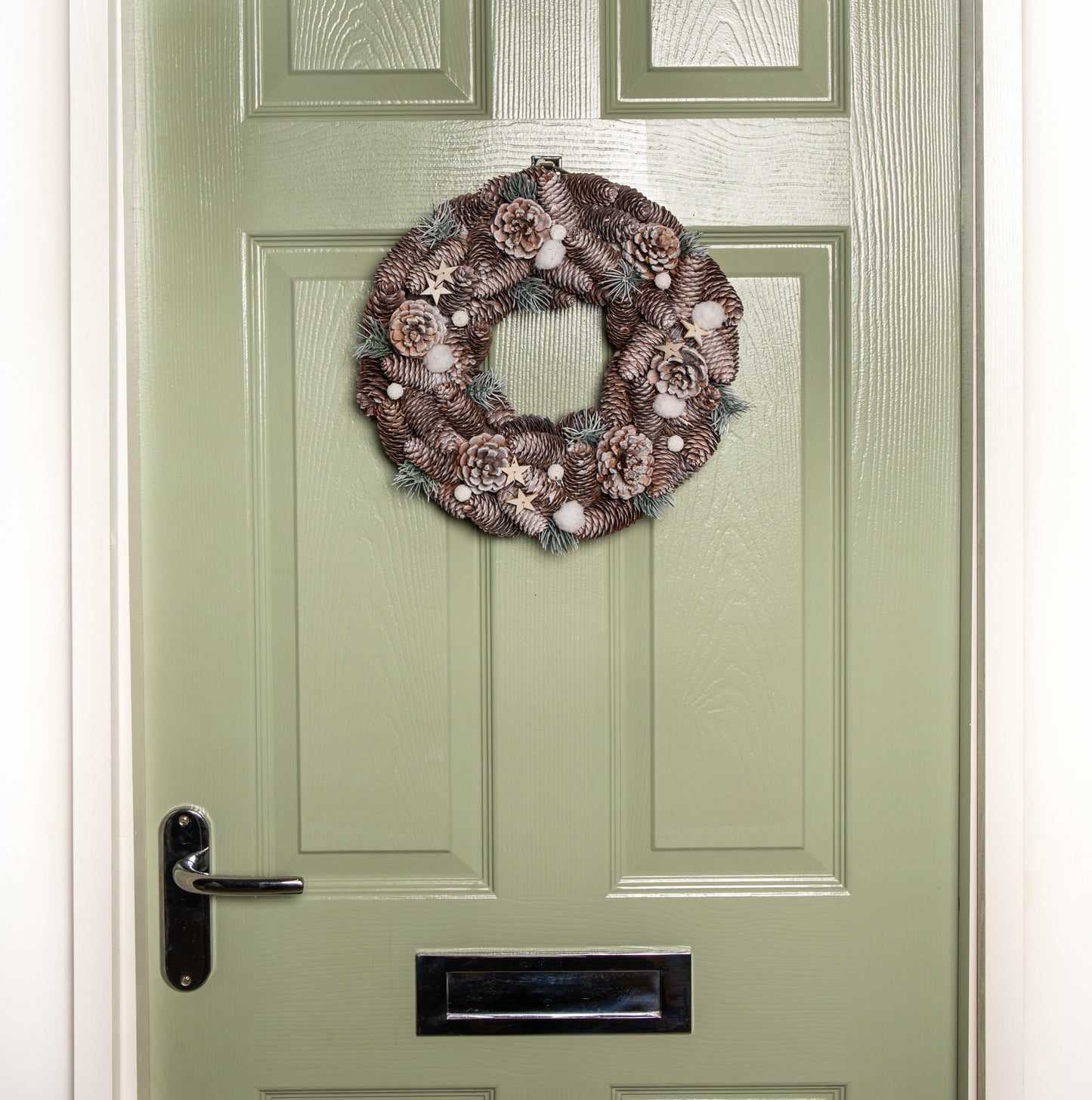 36cm Frosted Hanging Christmas Wreath with Pine Cones & Wooden Stars