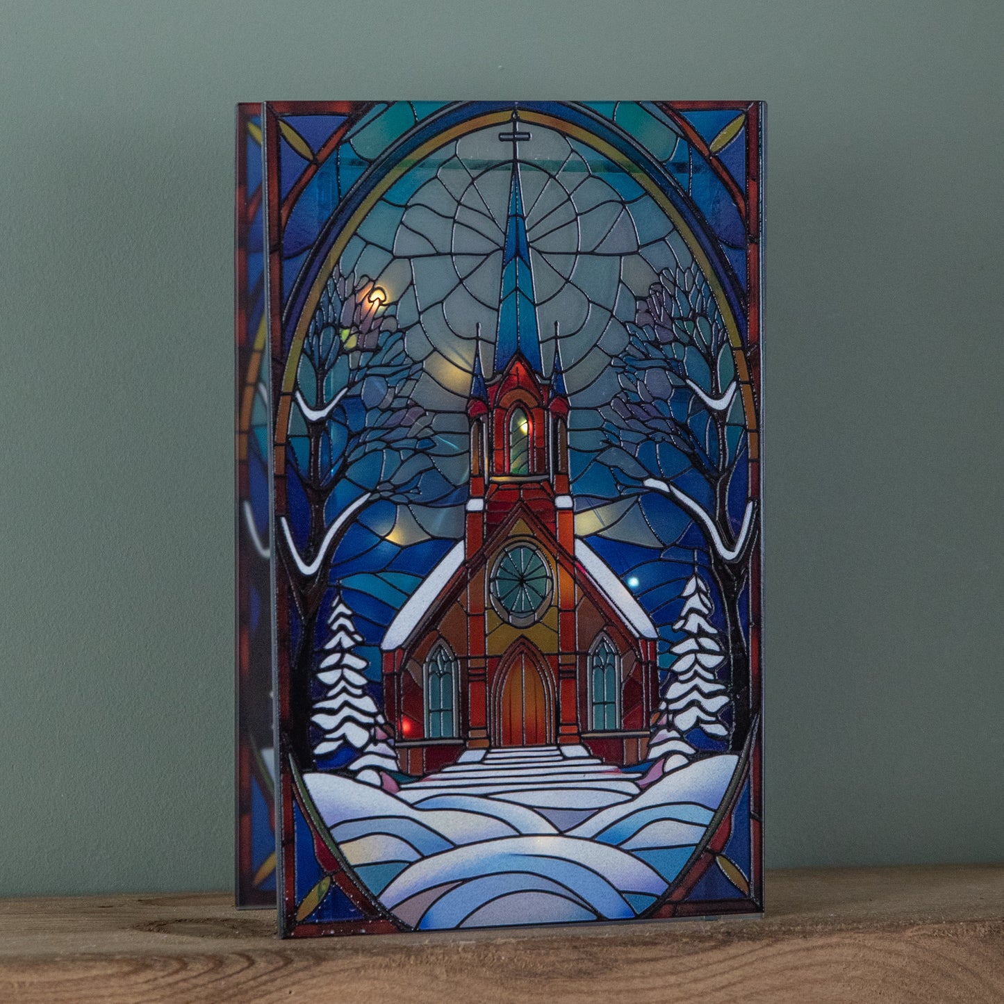 21cm Battery Operated Light up Double Sided Stained Glass Victorian Church Decoration with LEDs