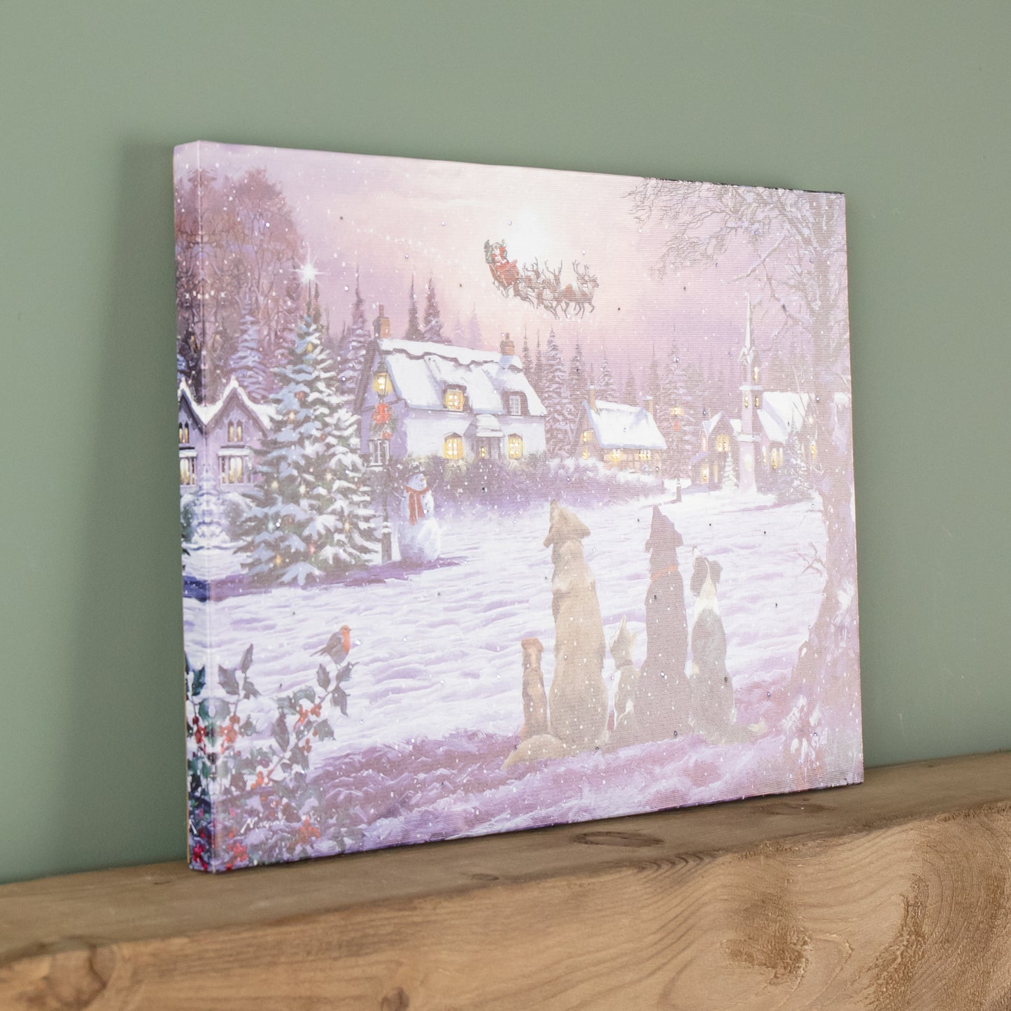 40 x 30cm Battery Operated Light up Fibre Optic Dogs Watching Santa Christmas Wall Canvas