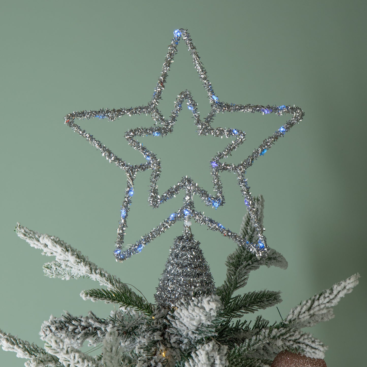 28cm Battery Powered Silver Christmas Star Tree Topper with Blue Multi-Action LEDs