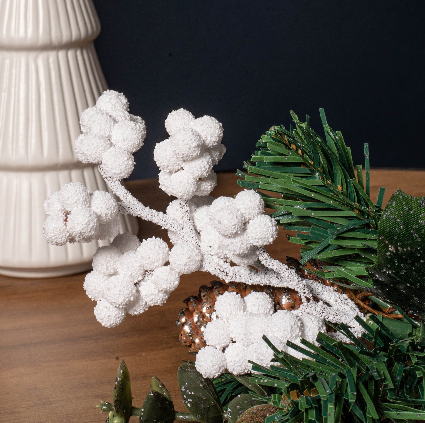 20cm Christmas Eucalyptus Pick with White Frosted Berries and Pinecone