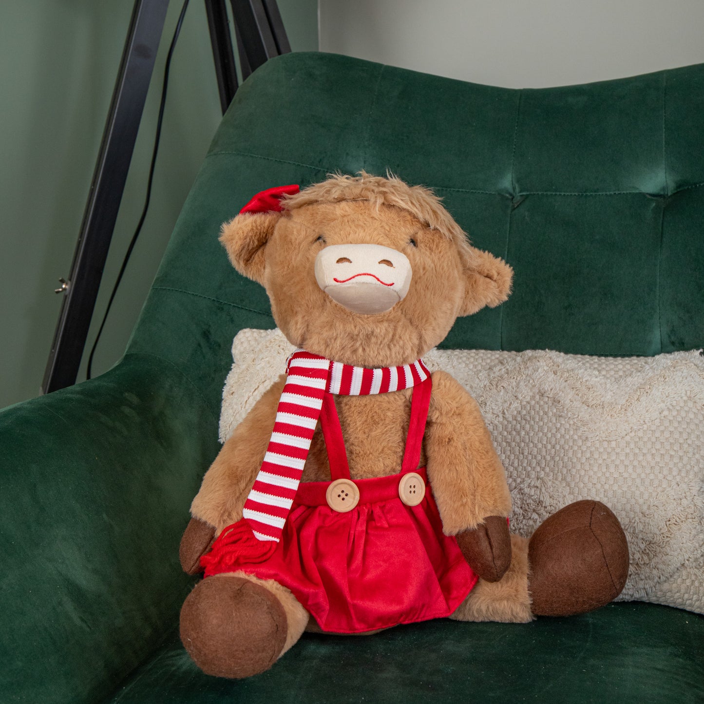 36cm Tall Plush Sitting Christmas Highland Girl Cow in Red Dress