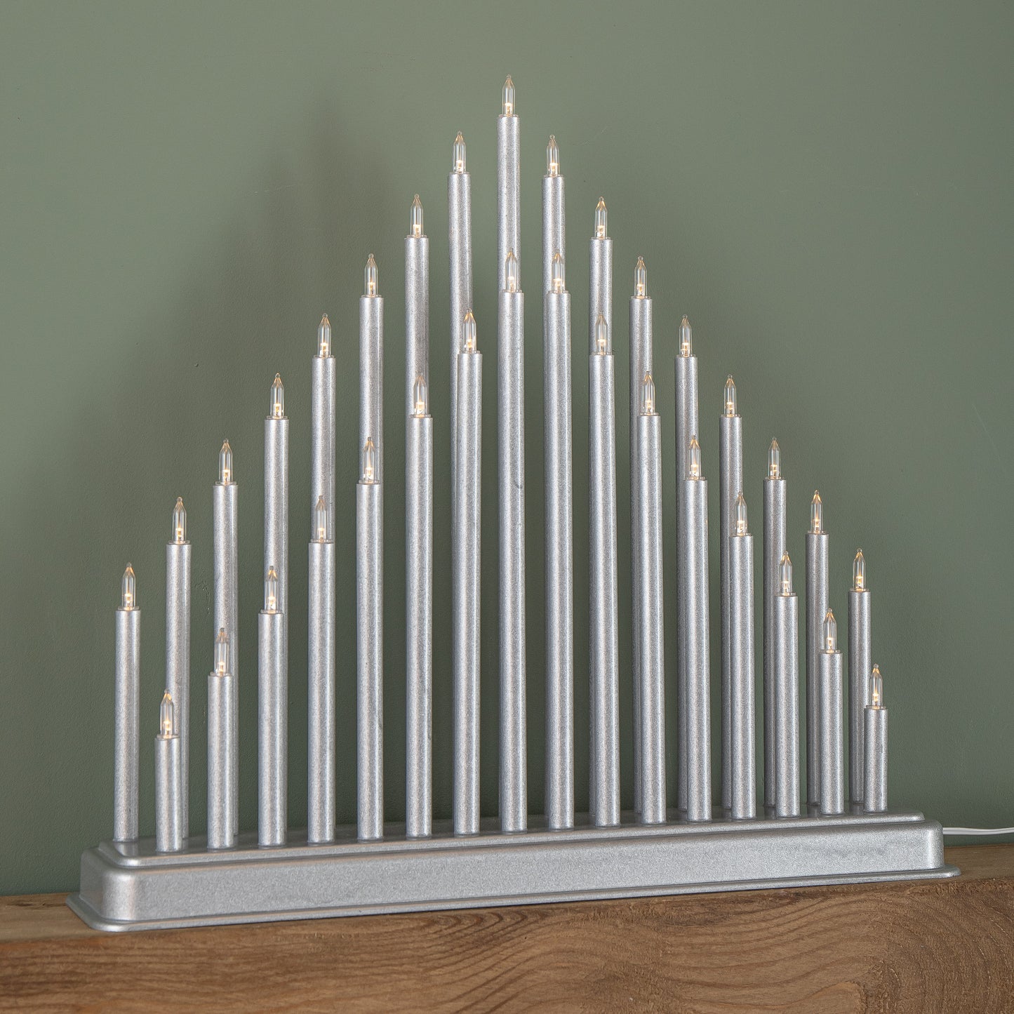 34cm Battery Operated Light up Christmas Candlebridge in Silver with Warm White LEDs