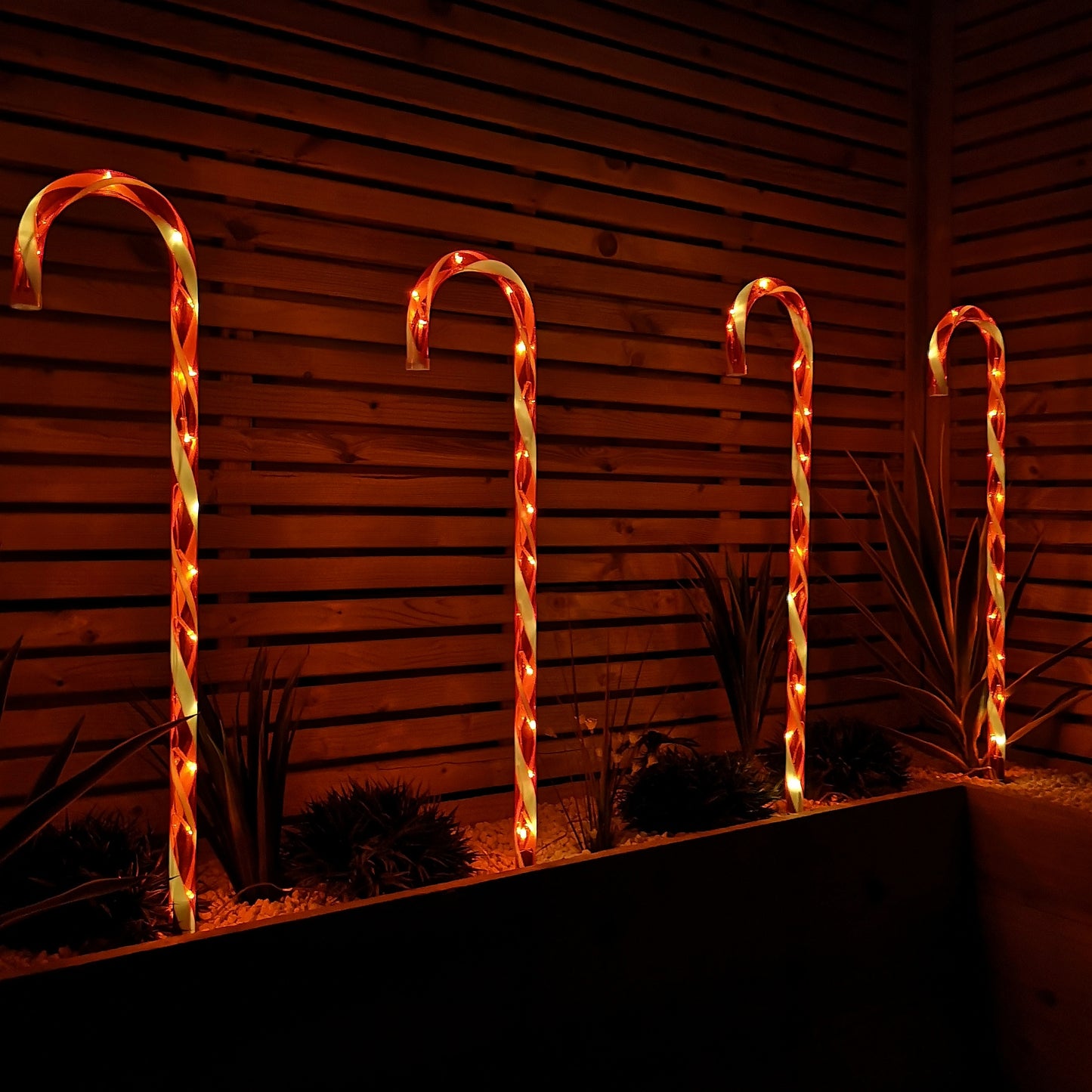Set of 4 XL Light up Red & White Stripe Christmas Candy Cane Garden Stakes with LEDs
