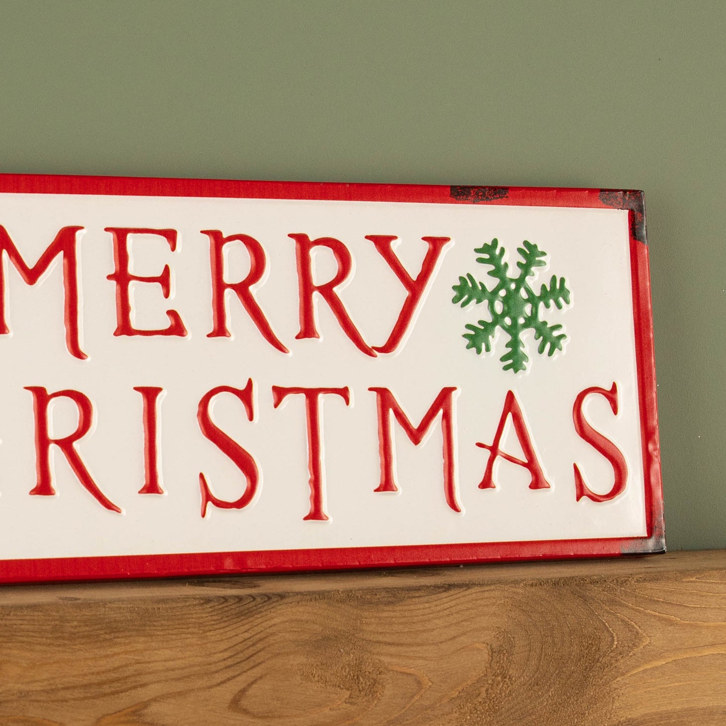 57cm Metal Merry Christmas Hanging Sign in Red & White with Green Snowflakes
