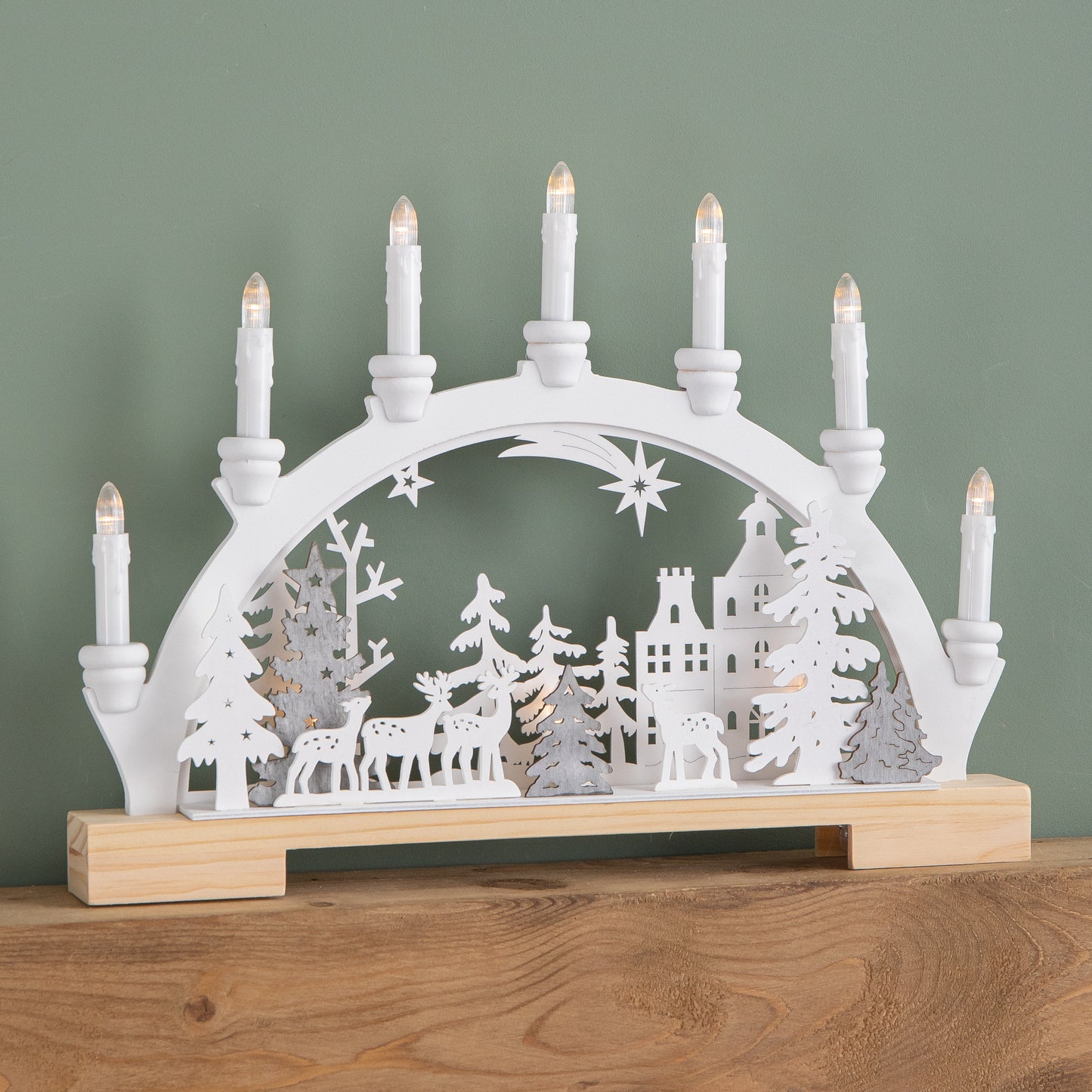 45cm Battery Operated Wooden Christmas Candle Bridge with Reindeer Scene & LEDs