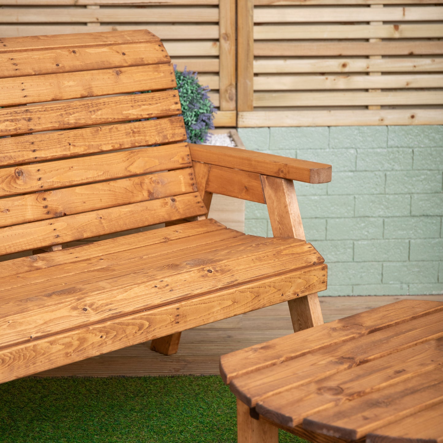 Hand Made 2 Seater Chunky Rustic Wooden Garden Furniture Bench With Coffee Table