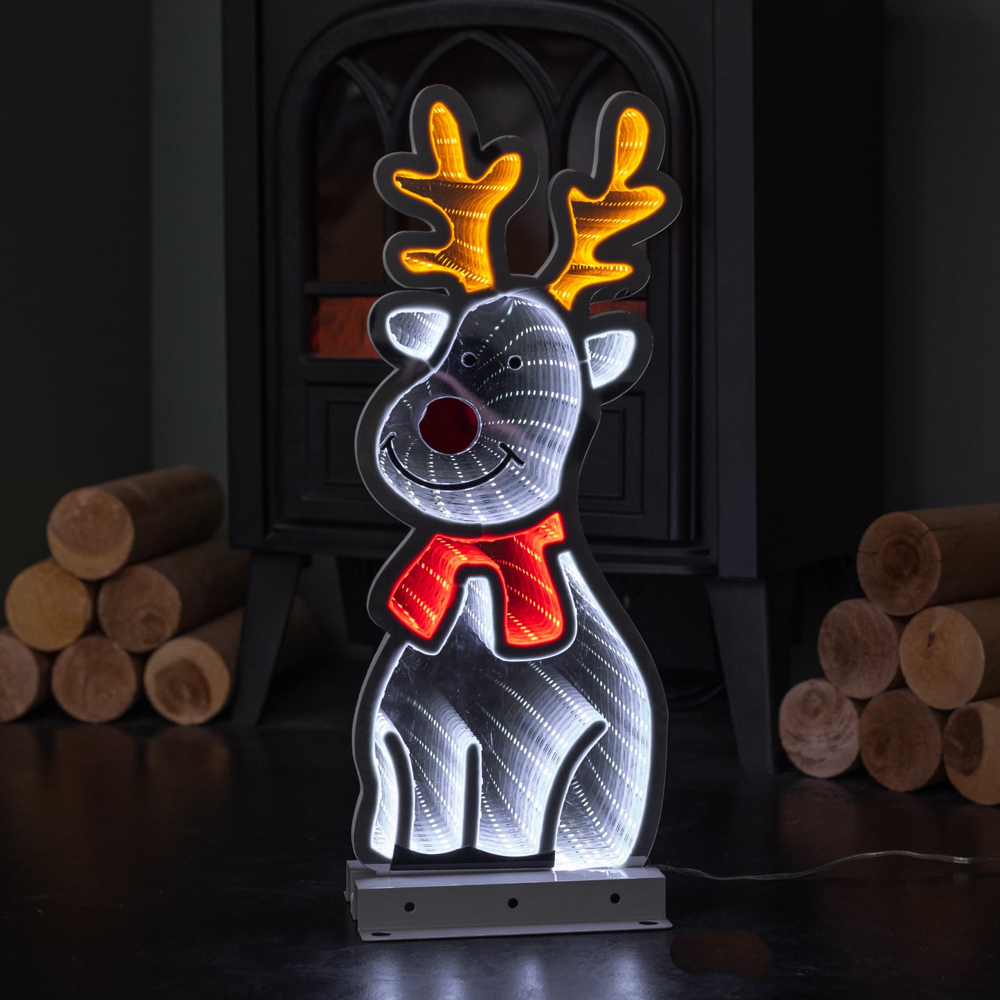 40cm Light up Christmas Reindeer Infinity Mirror Decoration on Metal Base with LEDs