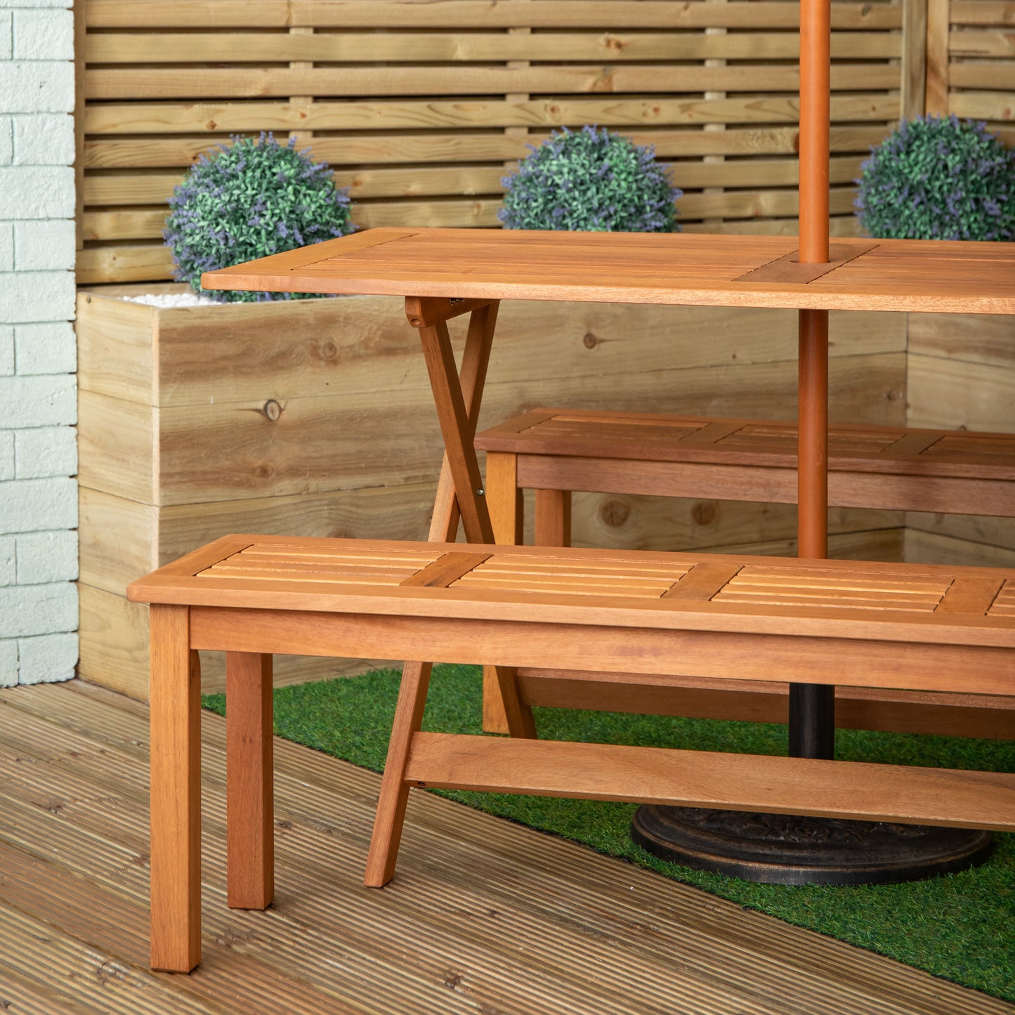 Outdoor 4 Person Rectangular Wooden Garden Dining Table, 2 Benches with Grey Parasol and Base Set