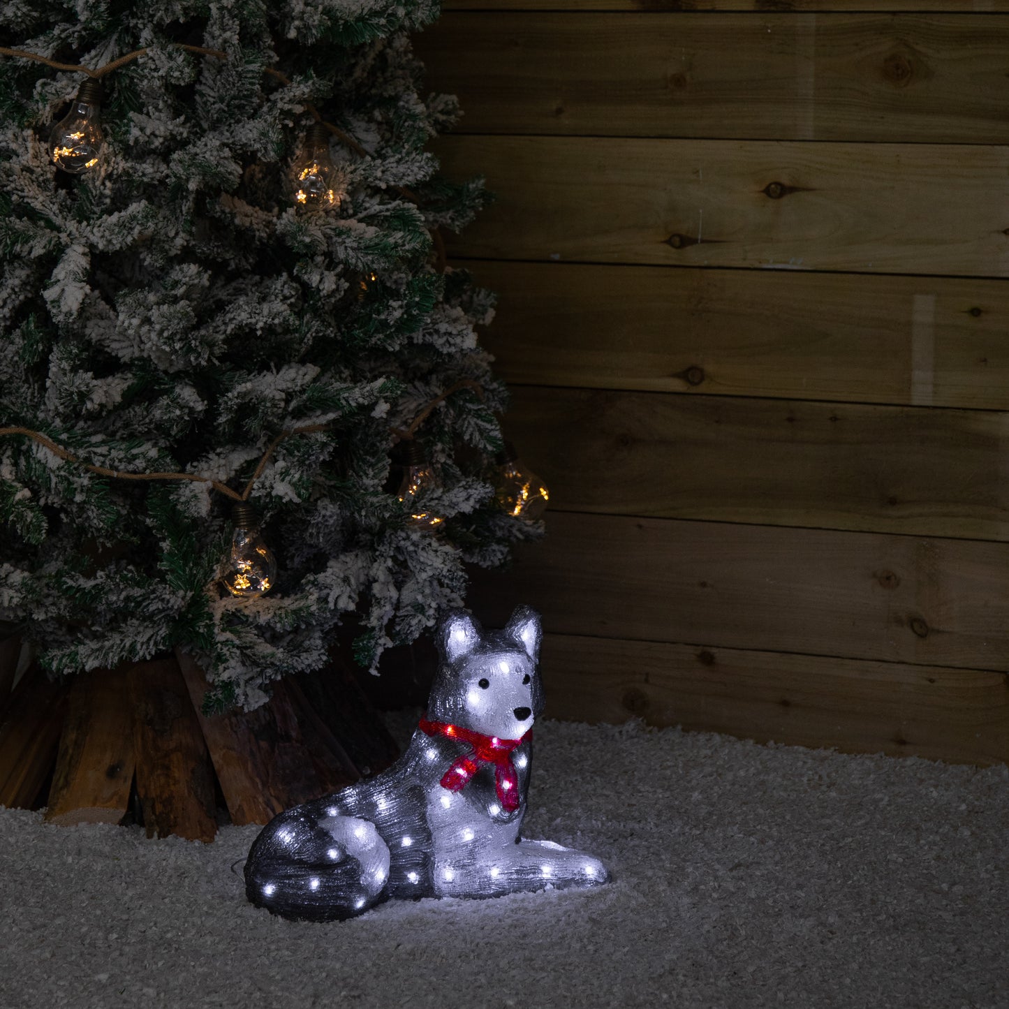 28cm Light up Acrylic Christmas Husky with Red Scarf Decoration and White LEDs