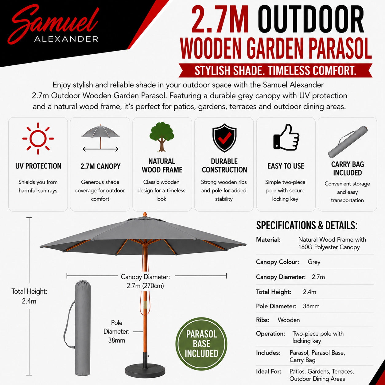 2.7m Outdoor Wooden Garden Parasol Sun Shade with Carry Bag in Grey with 9kg Base Included