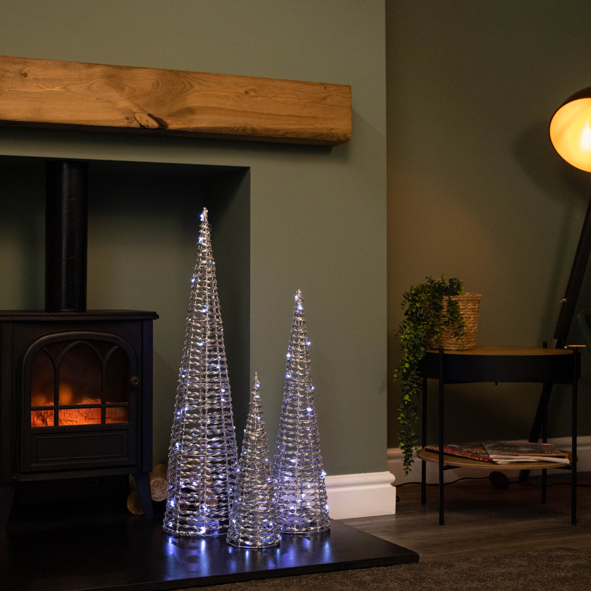 Set of 3 Silver Glitter Twist Christmas Cone Trees with 90 Cool White LEDs