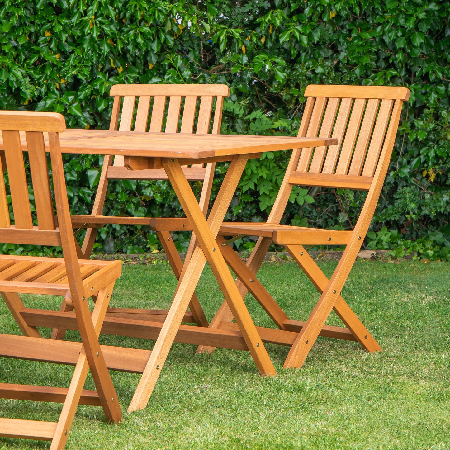 Outdoor 4 Person Folding Rectangular Wooden Garden Dining Table Chairs Green Parasol and Base Set