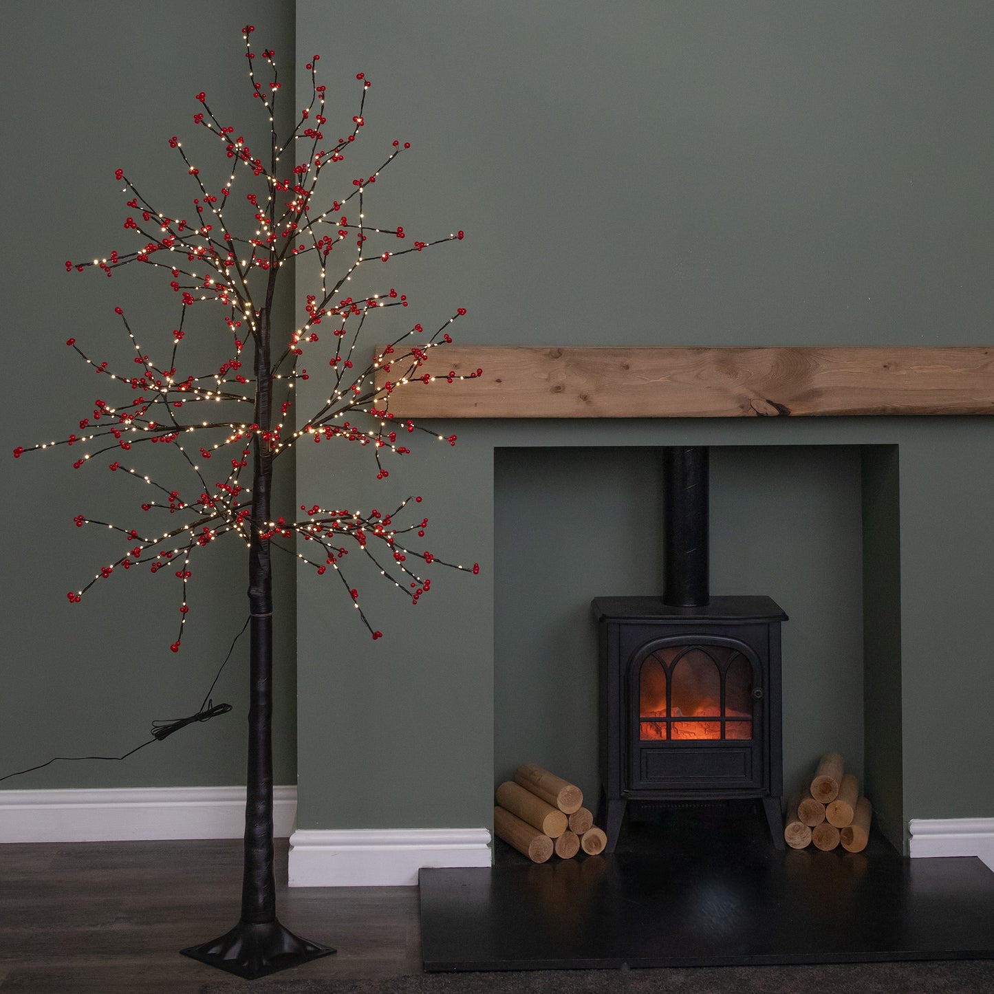 6ft (1.8m) Light up Black Christmas Twig Tree with Red Berries & Warm White LEDs