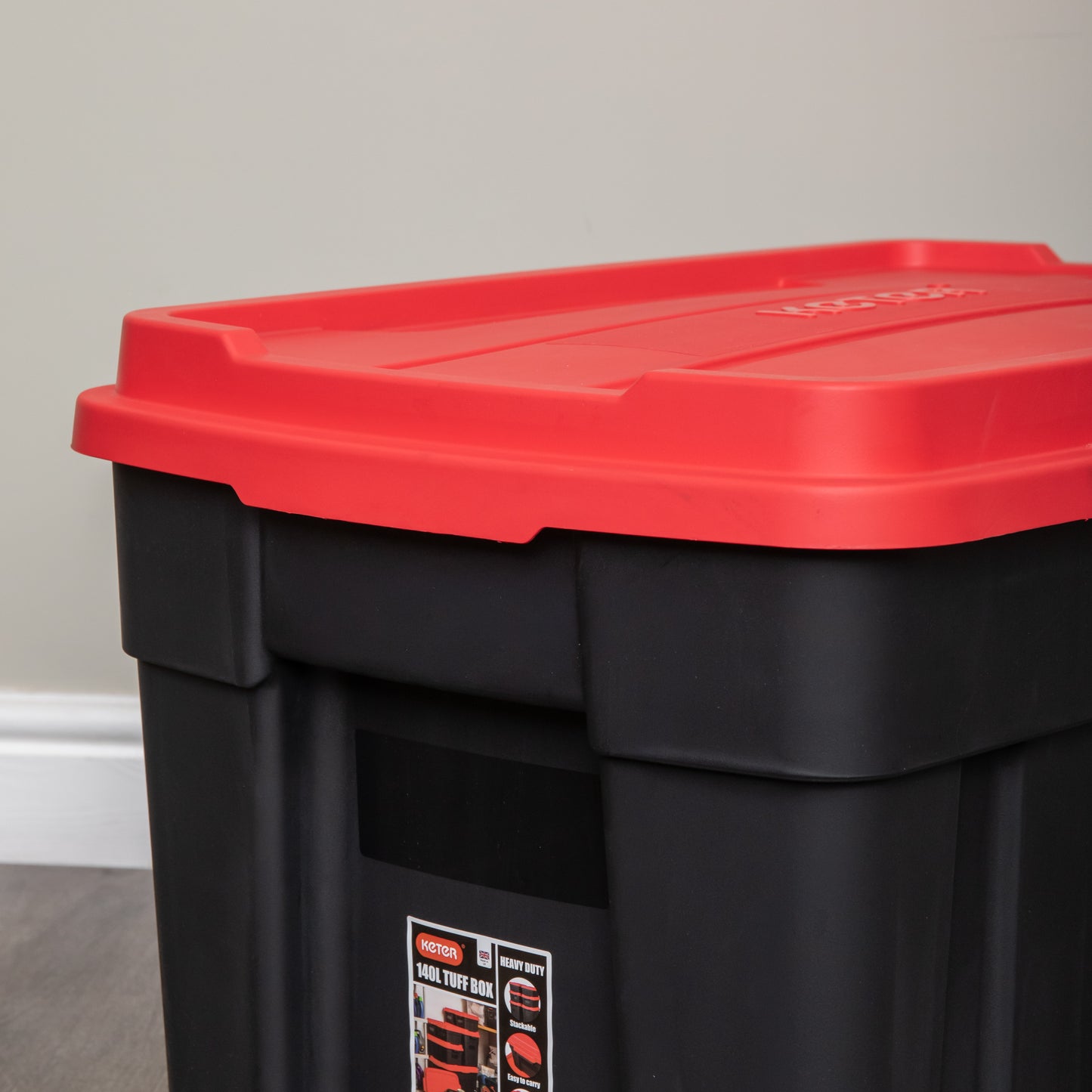 140L Black and Red Tuff Stackable Storage Box with Lid and Carry Handles