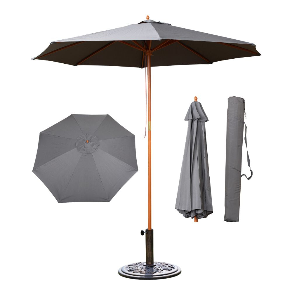 2.7m Outdoor Wooden Garden Parasol Sun Shade with Carry Bag in Grey with 9kg Base Included