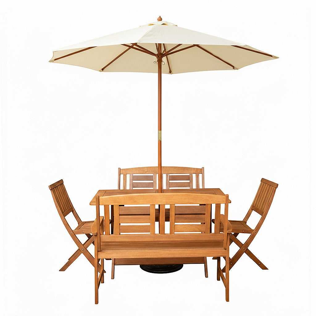 Outdoor 6 Person Folding Rectangular Wooden Garden Dining Table Chairs and 2 Benches Cream Parasol and Base set