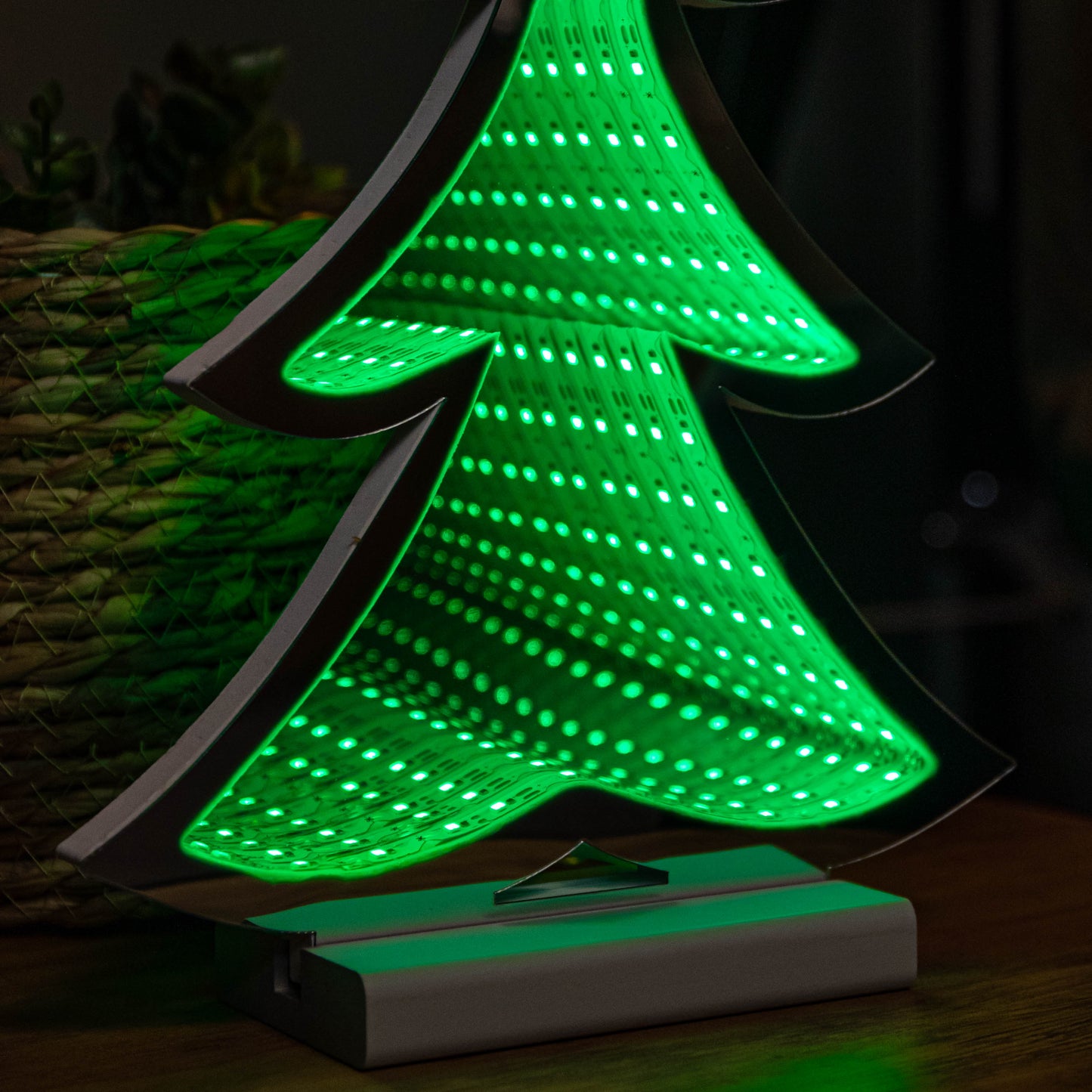 30cm Standing Infinity Christmas Tree Light with Wooden Base and Green LEDs