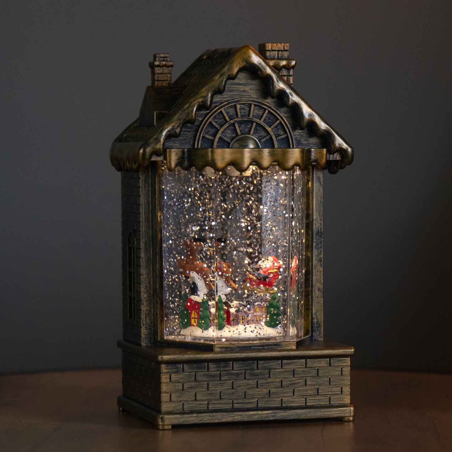 20cm Dual Powered Light up Christmas House Water Spinner with Santa in Sleigh Scene and LEDs