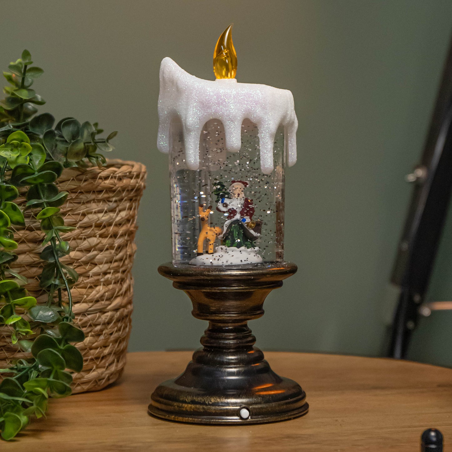 25cm Snowtime Dual Power LED Water Spinner Candlestick with Santa Scene