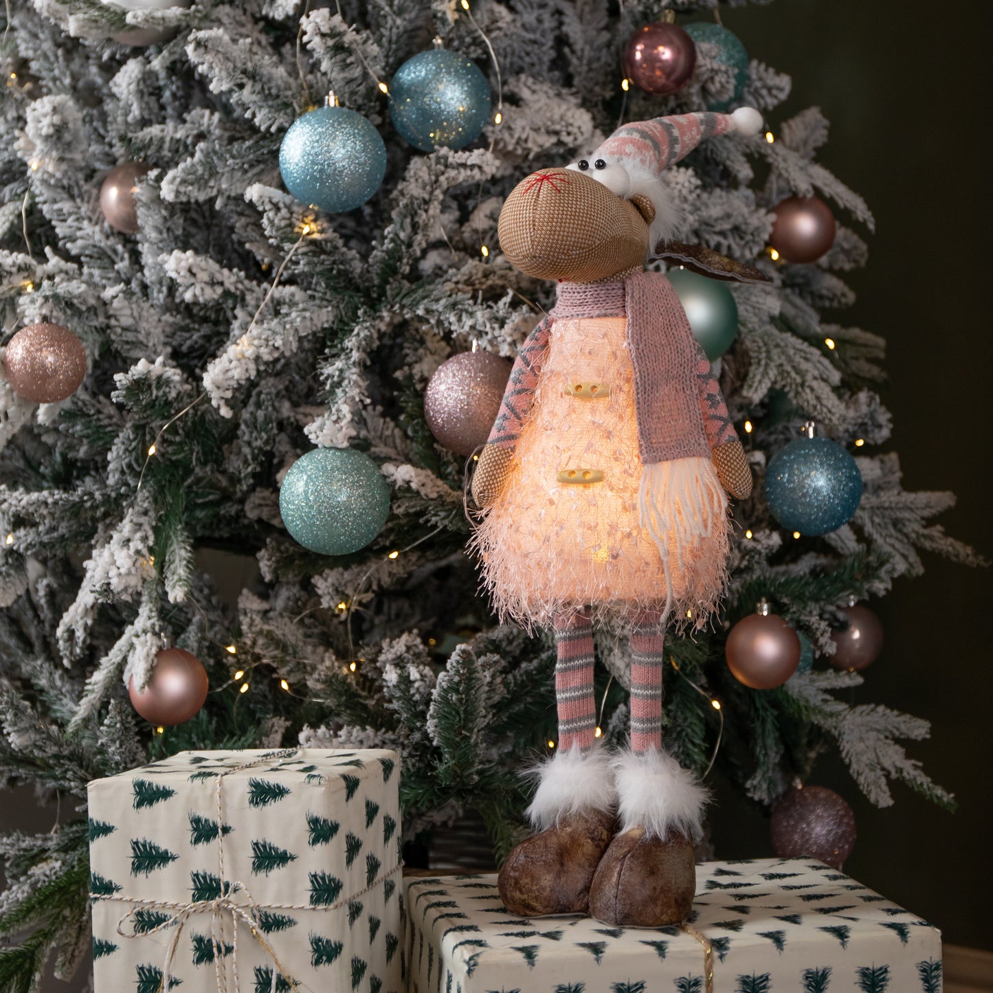 50cm Battery Operated Light up Standing Christmas Reindeer in Pink and Grey Hat with LEDs