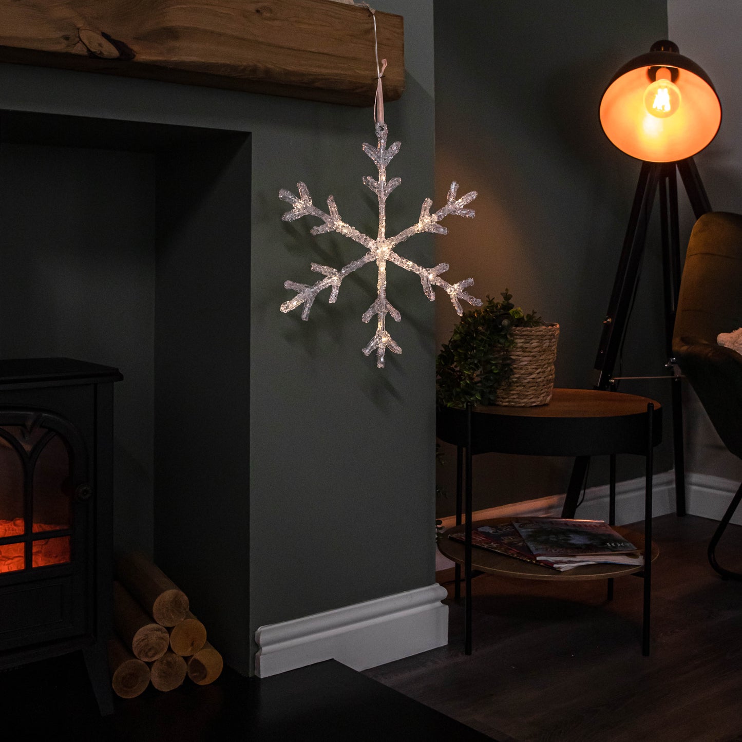 37cm Battery Powered Light up Ice Christmas Snowflake Hanging Decoration with Warm White LEDs