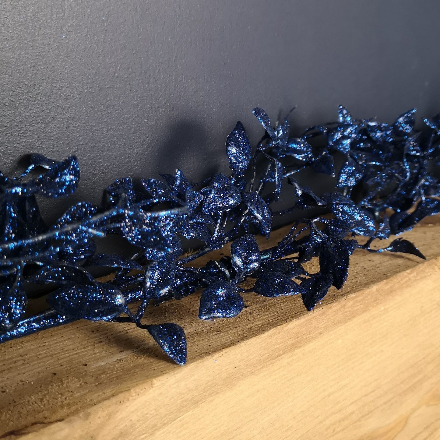 1.5m Midnight Blue Glitter Leaf Christmas Garland Decoration with Hanging Loop