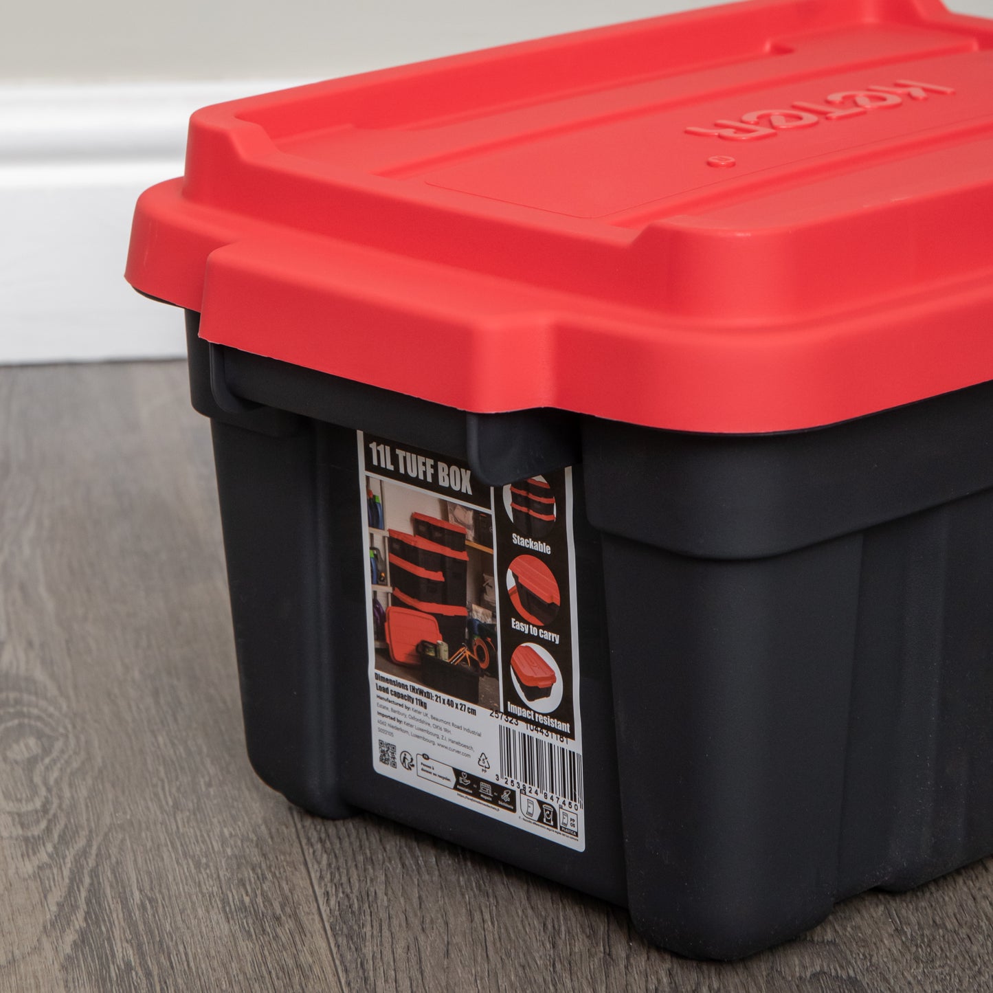 11L Black and Red Small Tuff Stackable Storage Box with Lid and Carry Handles