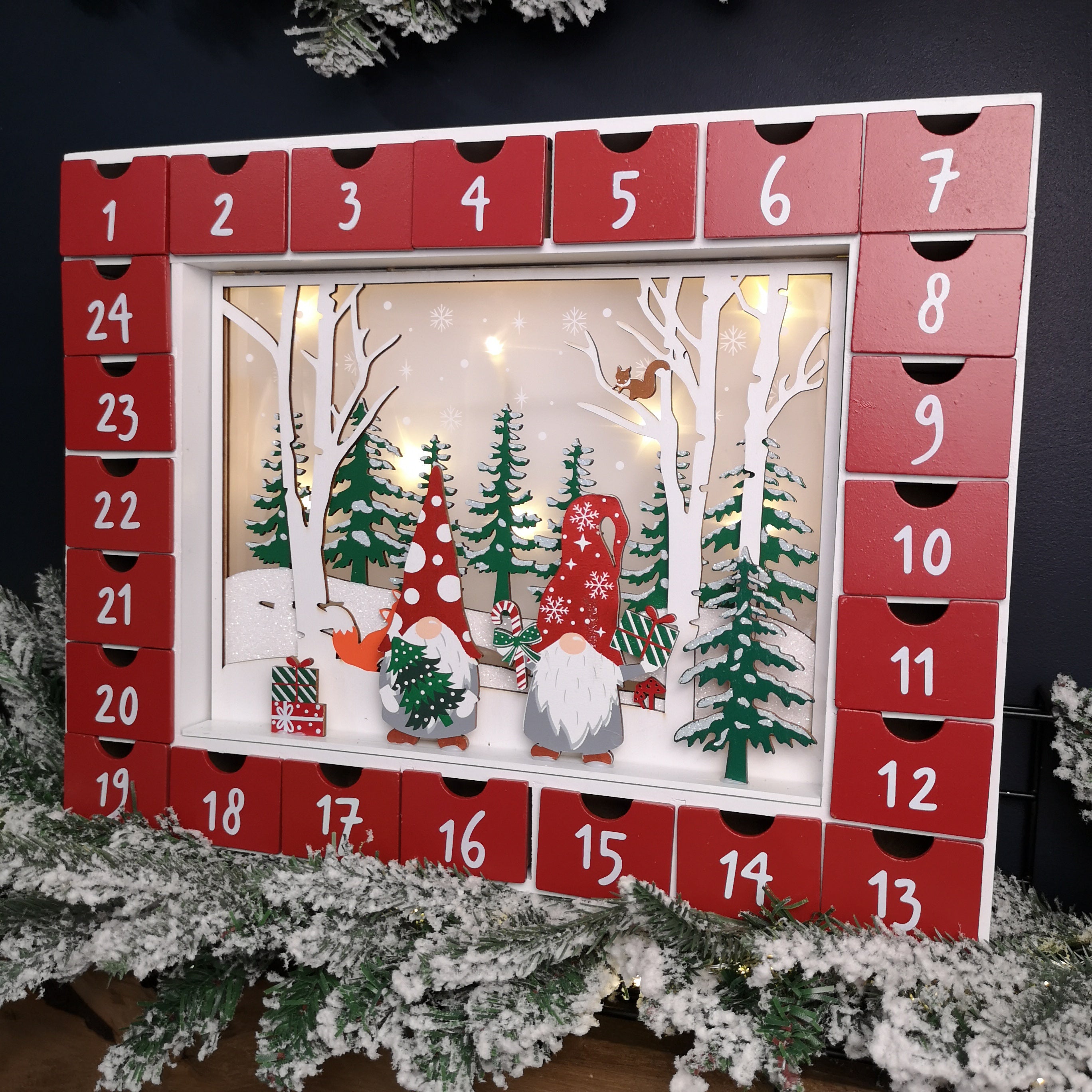 27cm Traditional Wooden Advent Calendar Christmas Decoration with Gonk Winter Scene