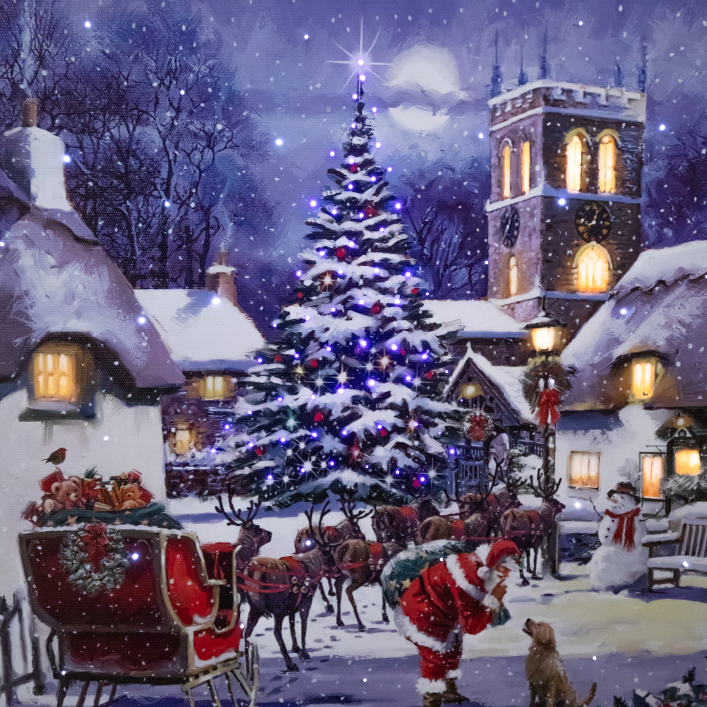 40 x 30cm Battery Operated Light up Fibre Optic Santa and Village Christmas Wall Canvas