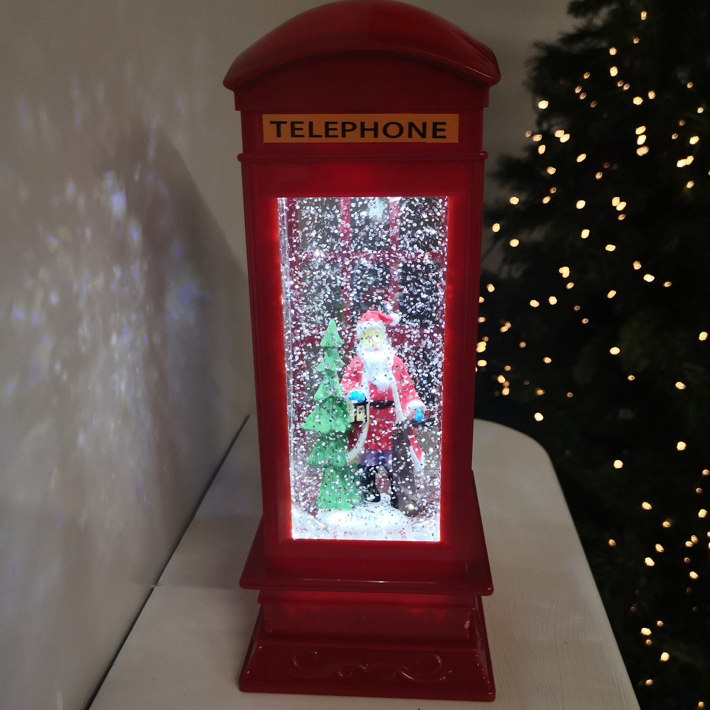 26.5cm Premier Christmas Water Spinner Telephone Box Design with Santa Scene Dual Power