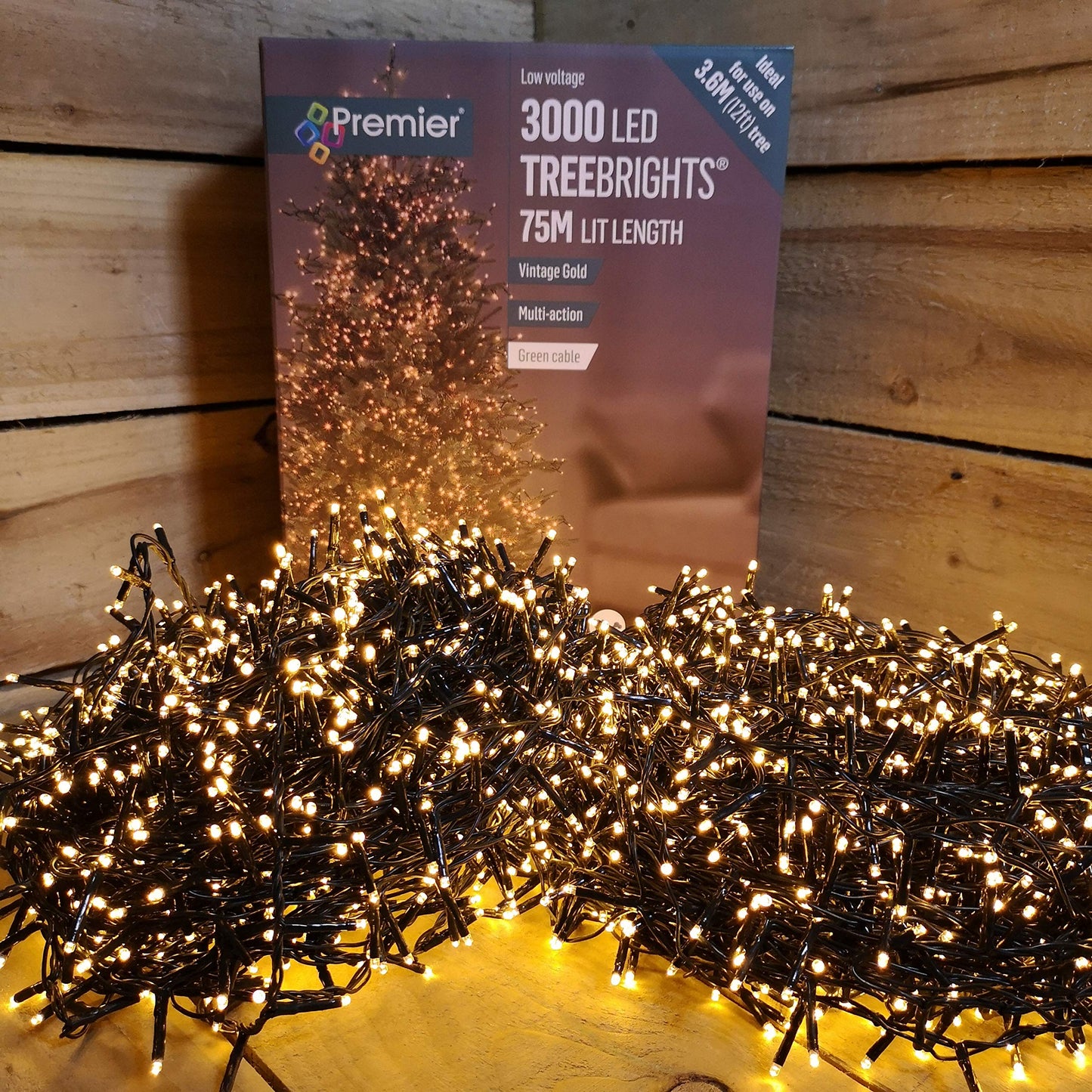 3000 LED 75m Premier TreeBrights Indoor Outdoor Christmas Multi Function Mains Operated String Lights with Timer in Vintage Gold