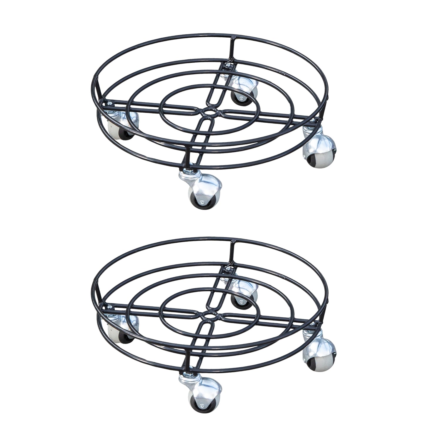 Pack of 2 Tom Chambers Handcrafted Heavy Duty Round Black Metal Garden Patio Plant Flower Pot Stand Caddy Trolley Dolly on Strong Metal Castor Wheels 37cm