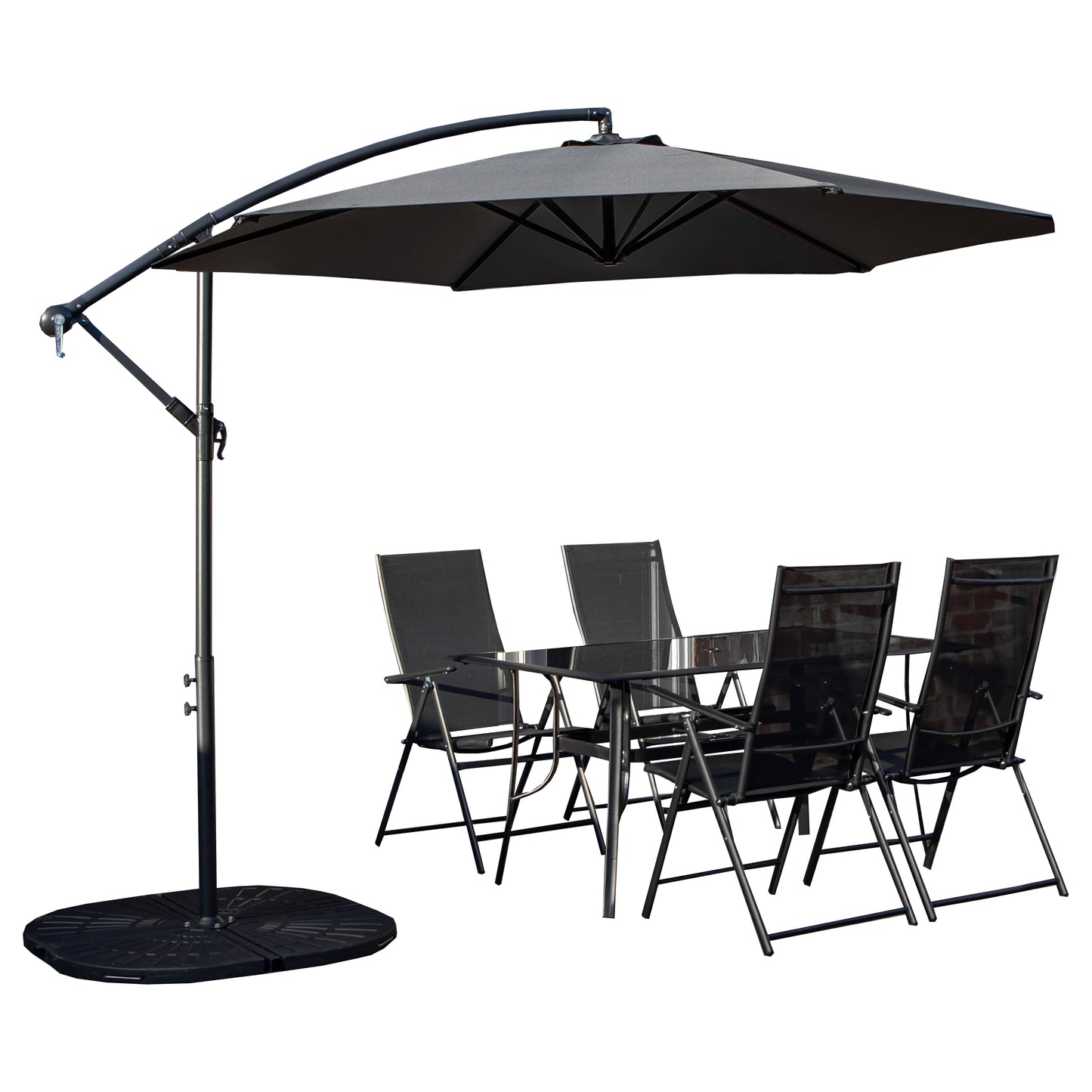 Outdoor 4 Person Rectangular Glass Top Garden Dining Table Chairs With Grey Banana Parasol and Base