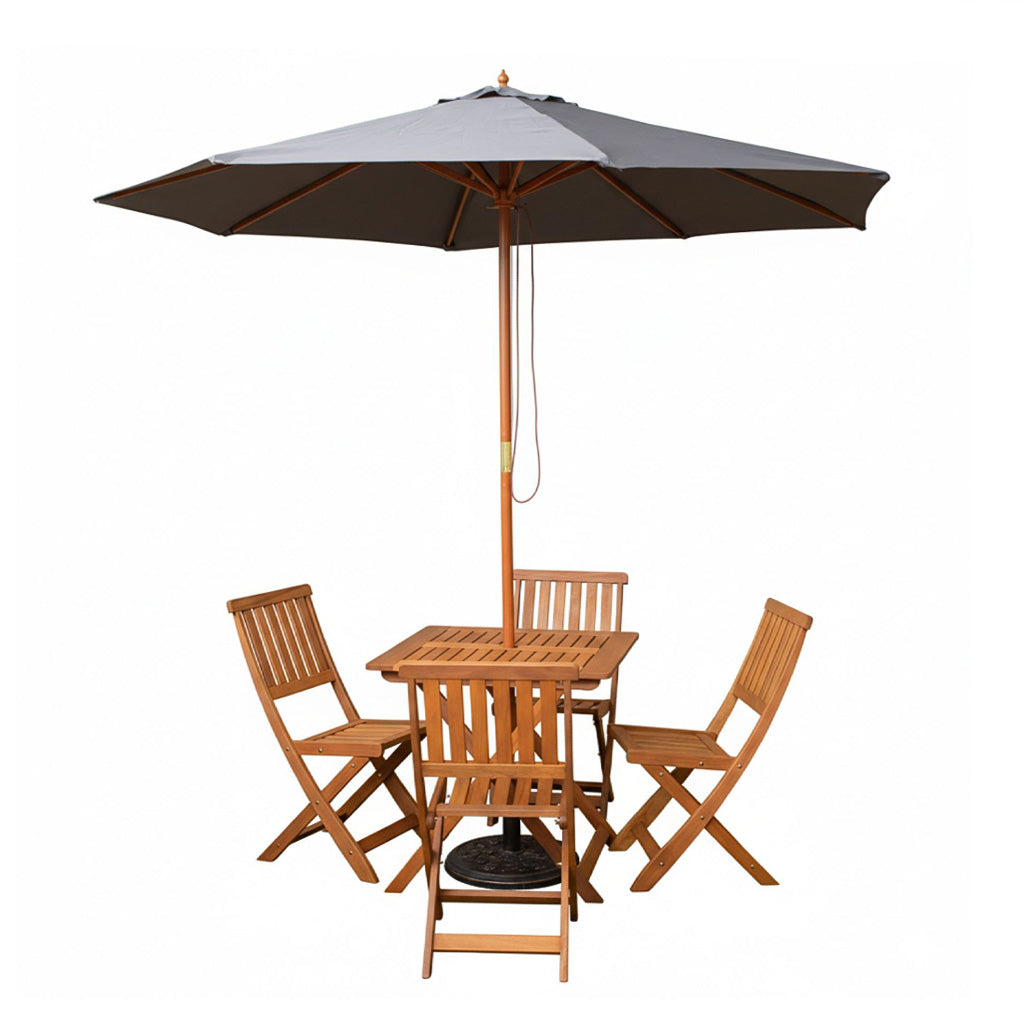 Outdoor 4 Person Folding Square Wooden Garden Dining Table Chairs Grey Parasol and Base Set