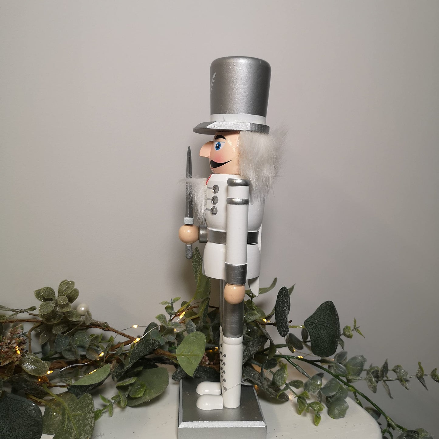 Factory Seconds: 30cm Wooden Christmas Nutcracker Soldier Decoration in White and silver